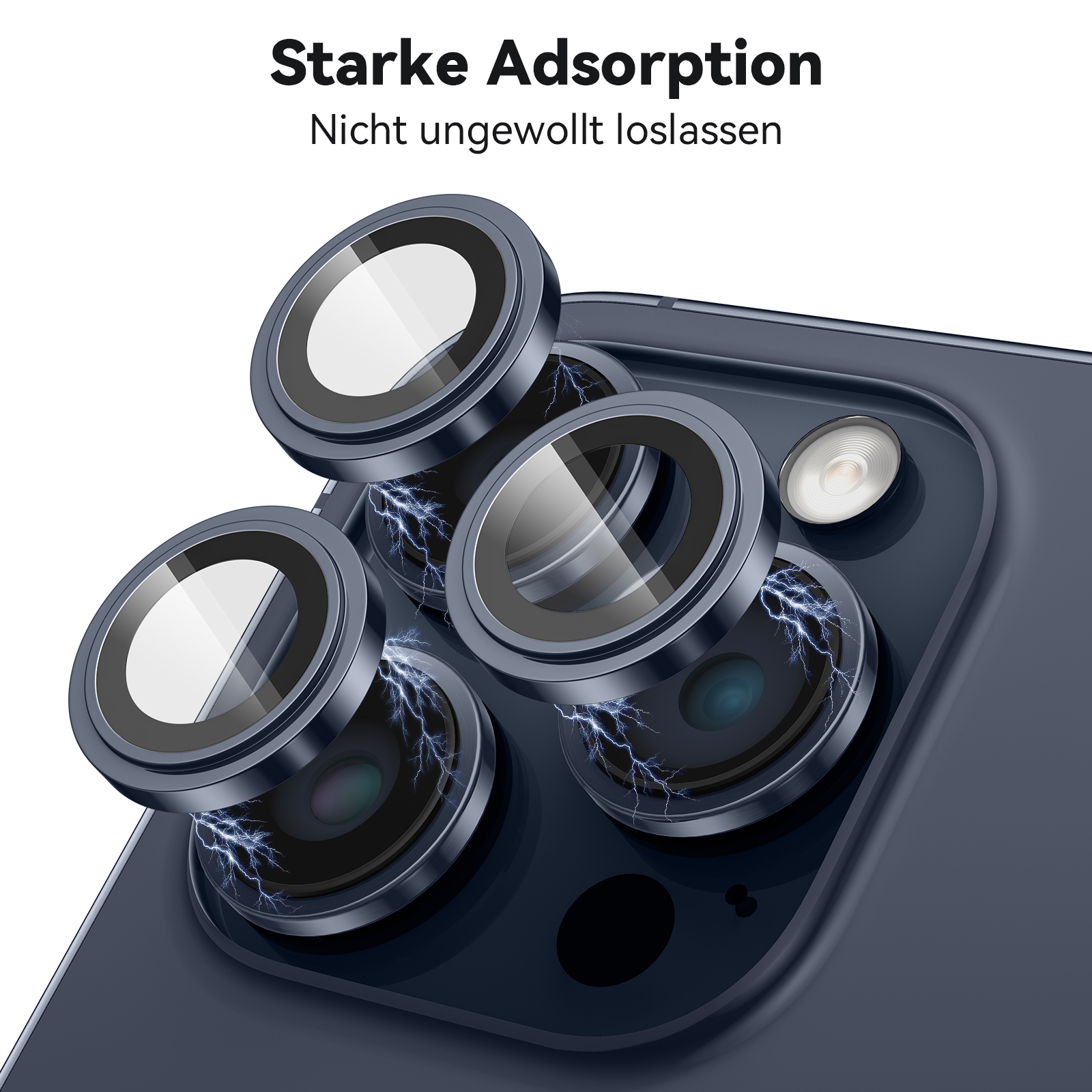 Telefon mit Linsenschutz. Text: Starke Adsorption, löst sich nicht ungewollt.