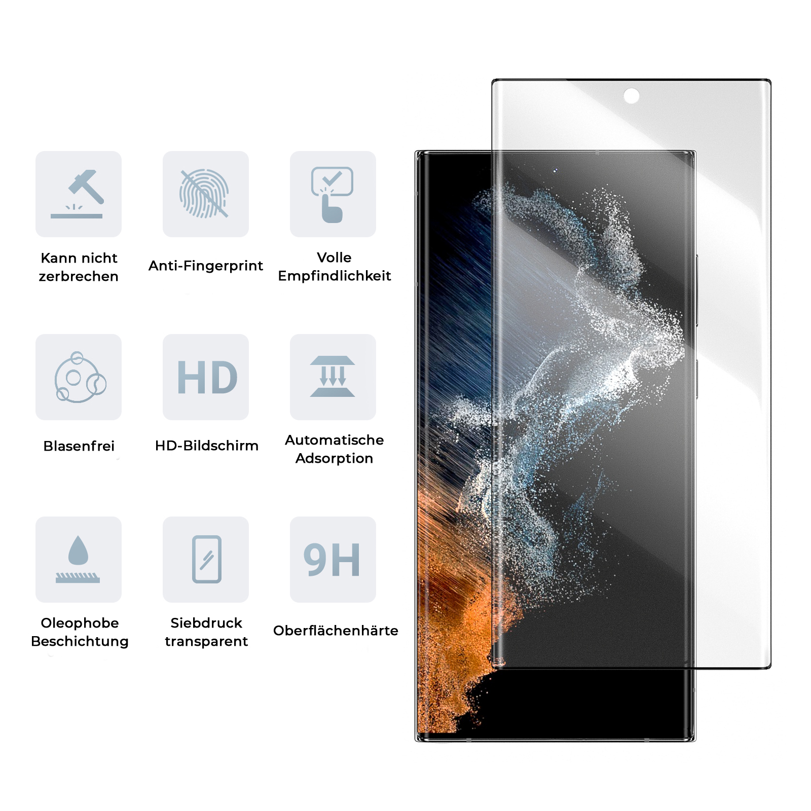 Ein Displayschutz mit Symbolen und ein Smartphone rechts.