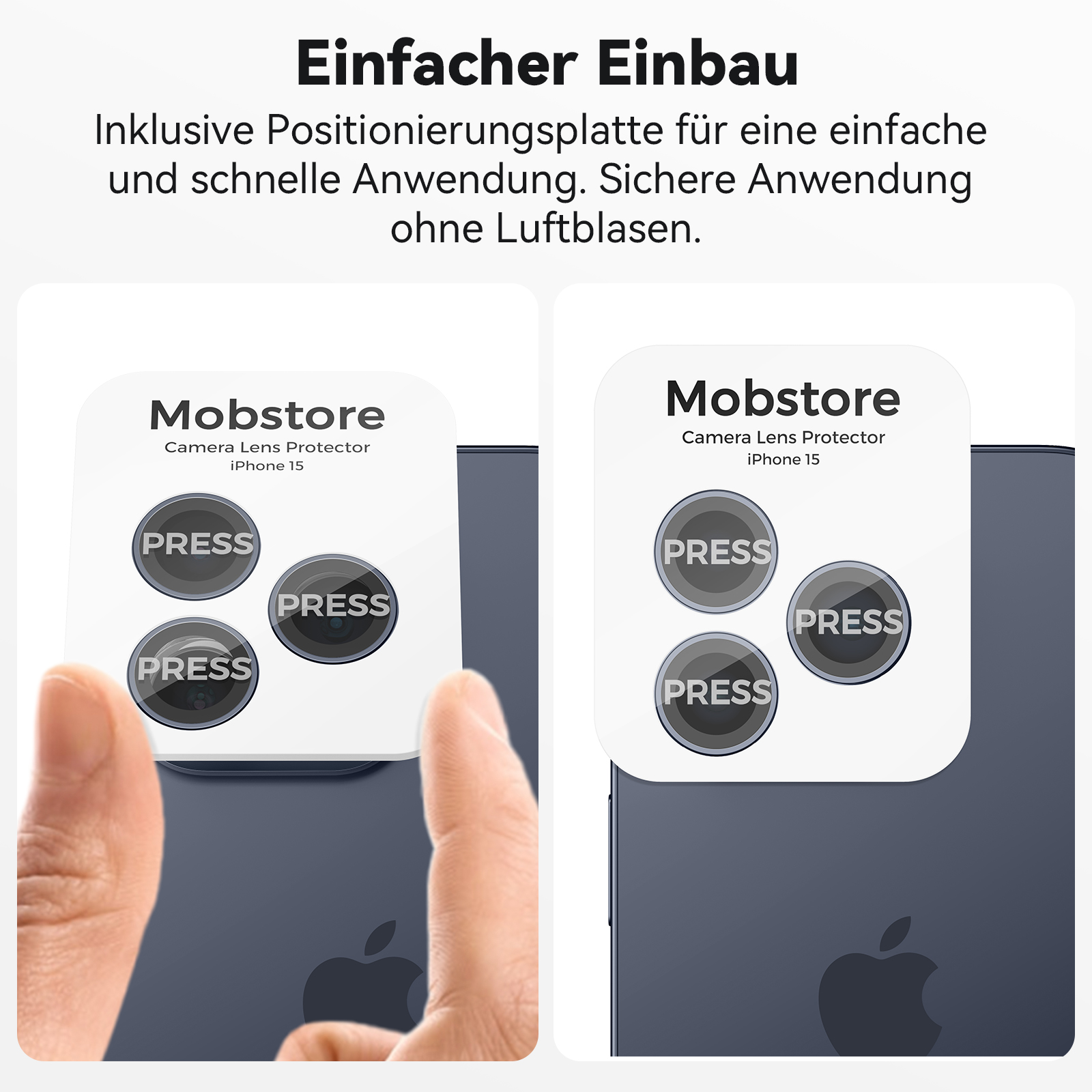 Schutzfolie für eine Telefonkameralinse mit Installationsschritten und Markennamen.