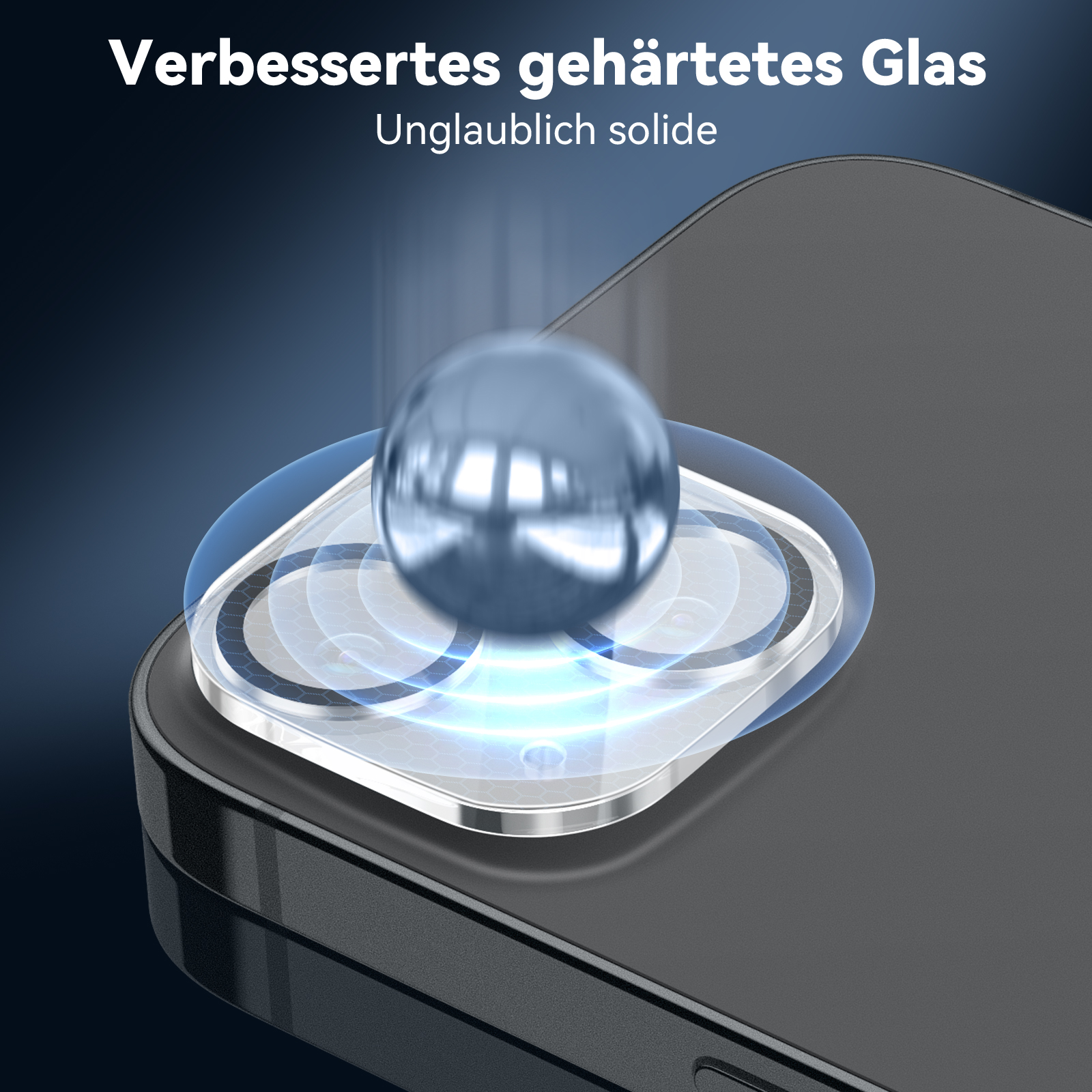 Ein klarer Schutz mit einer glänzenden Metallkugel auf einem schwarzen Telefon.