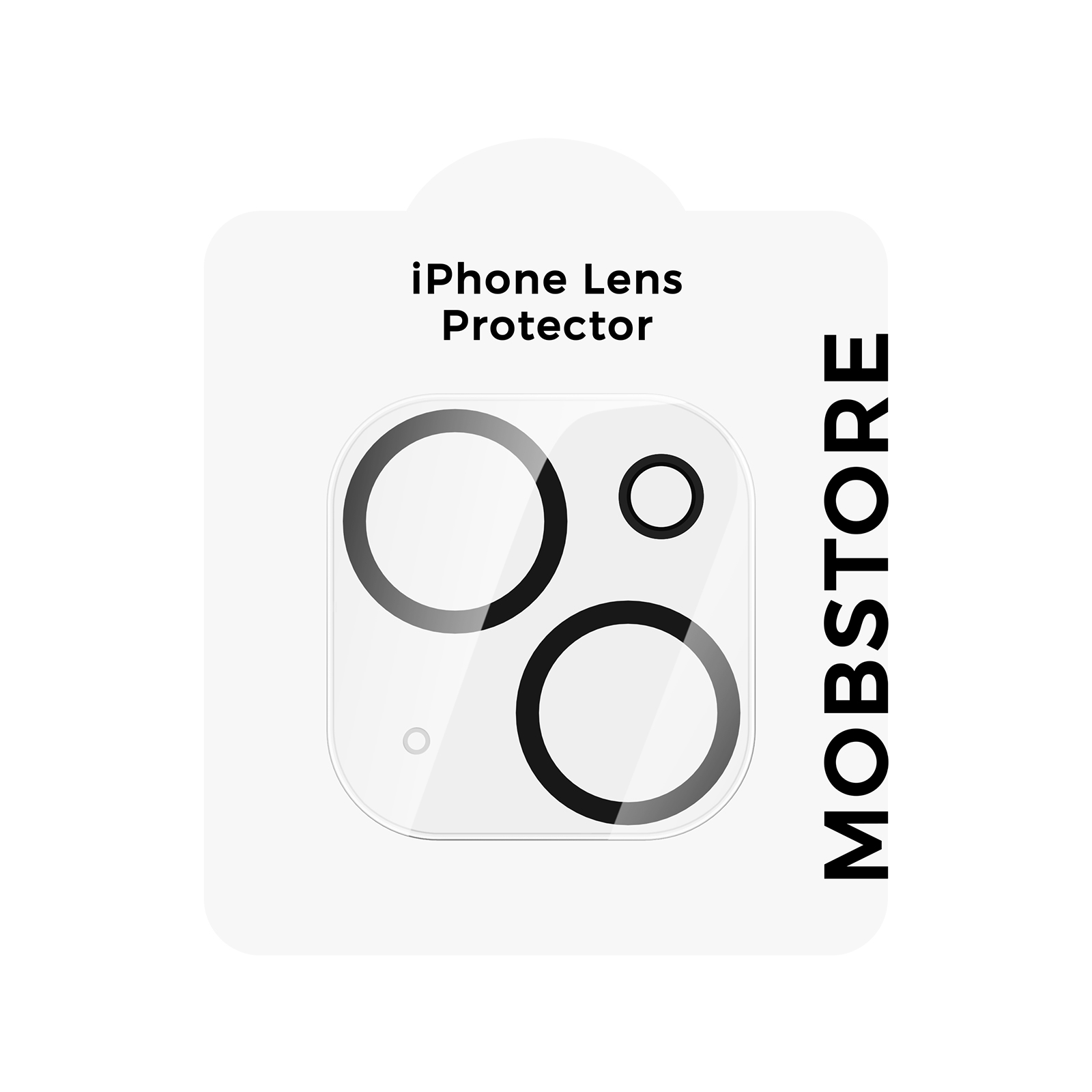 iPhone-Linsenprotektor auf weißem Hintergrund, mit dem Mobstore-Logo.