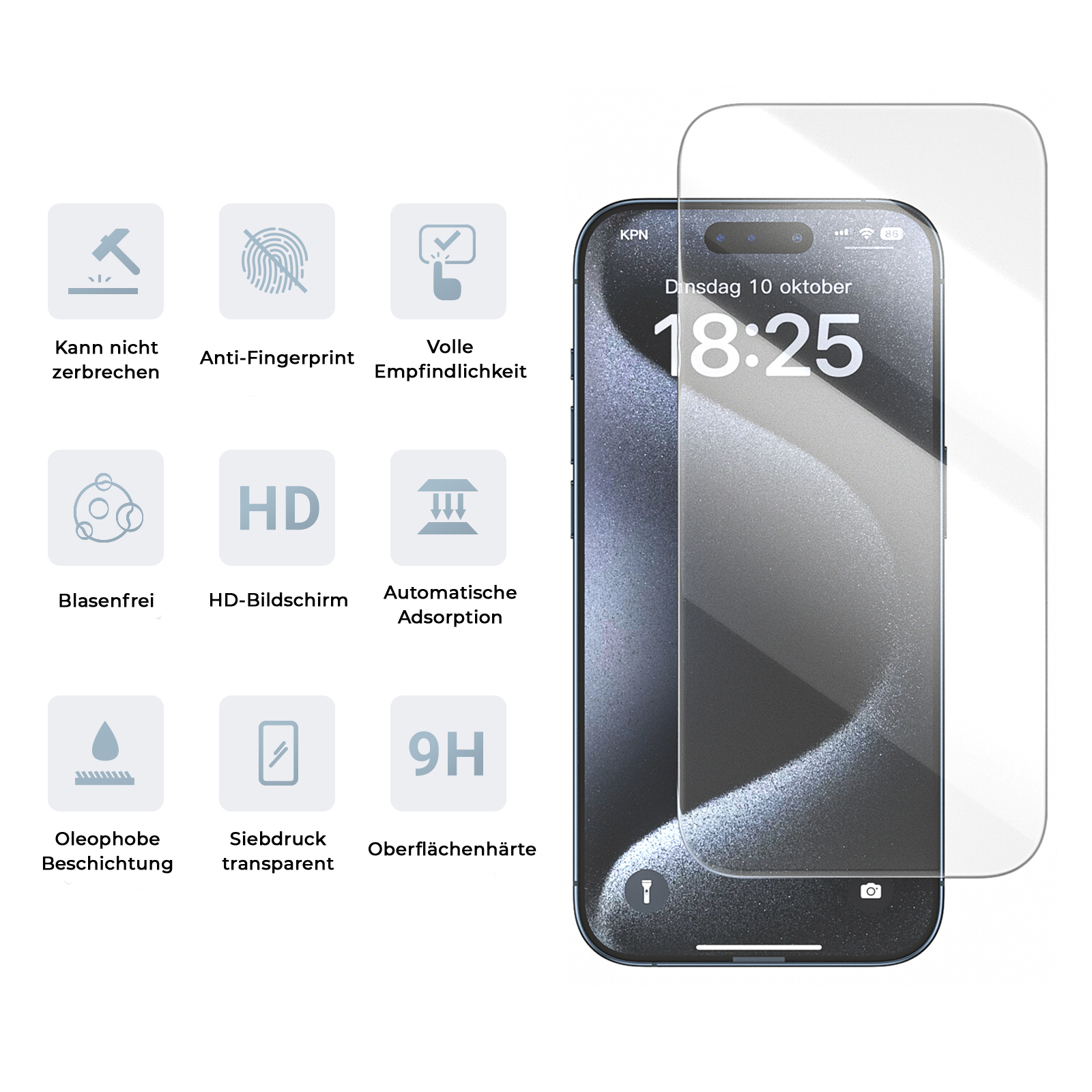 Ein Telefonbildschirm und ein Displayschutz. Symbole der Telefonfunktionen werden angezeigt.