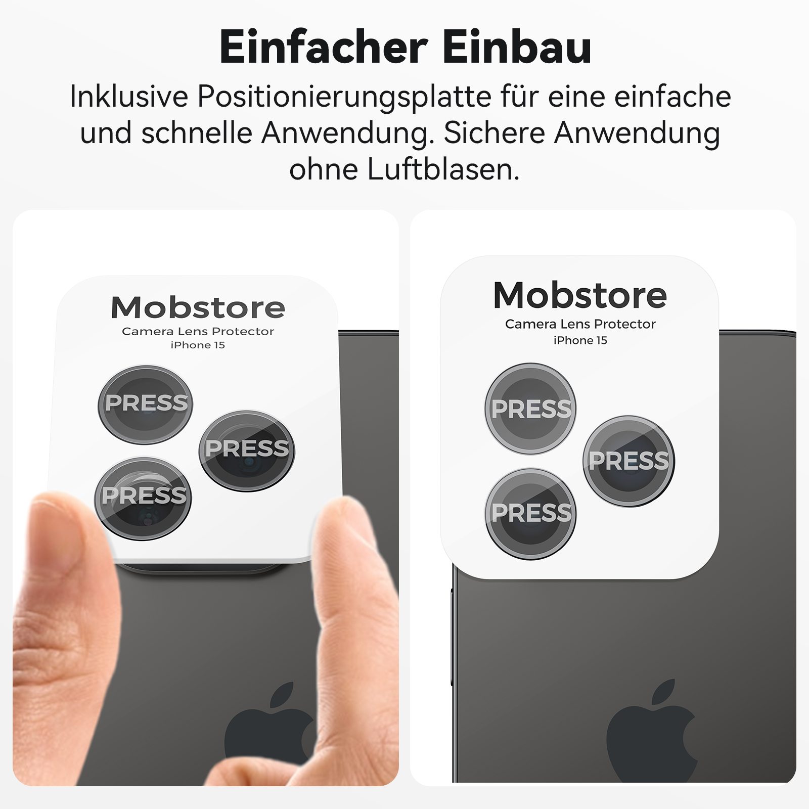 Zwei Fotos eines Telefons mit montiertem Kameraschutz. Text: Mobstore Camera Lens Protector.