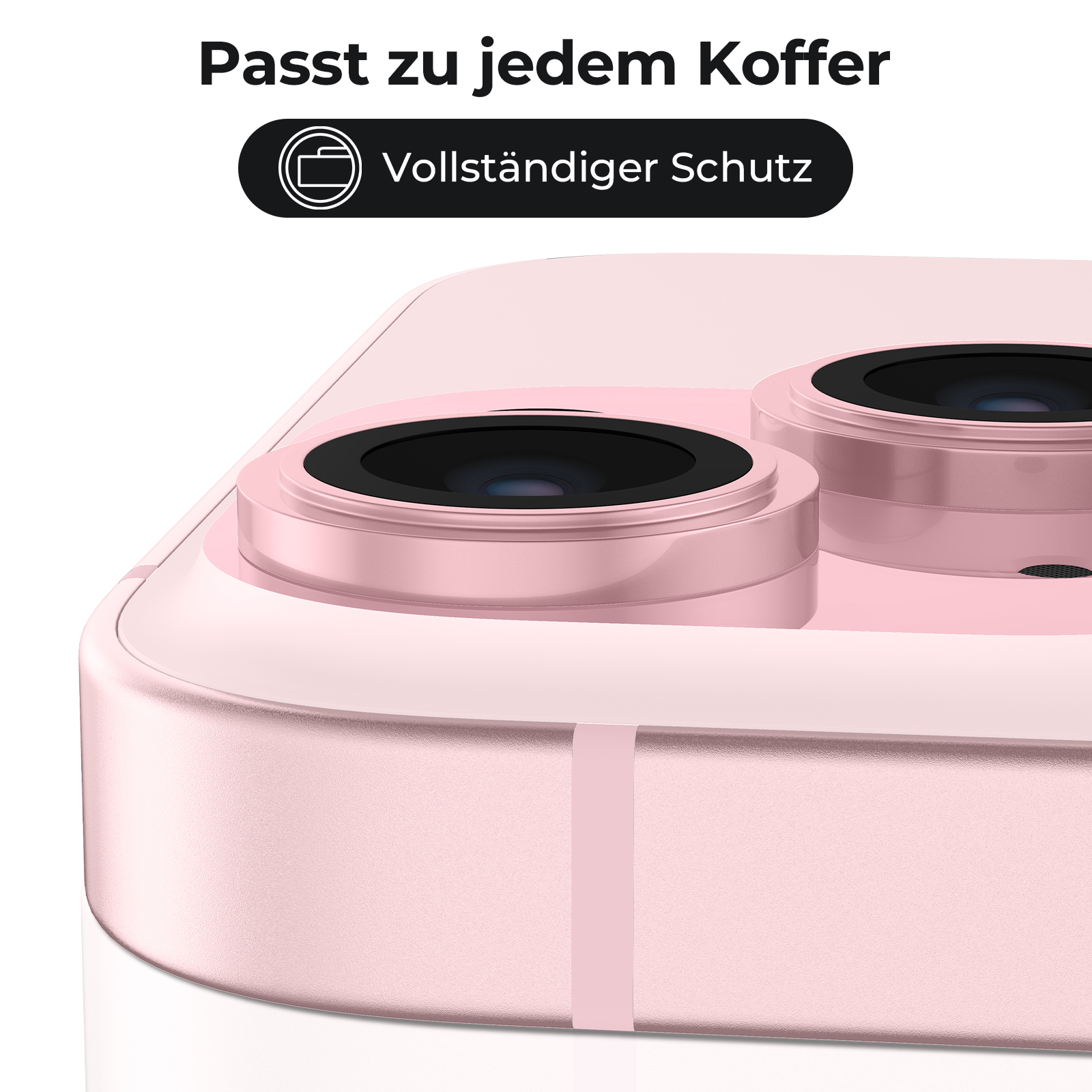 Nahaufnahme eines rosa Telefons mit Kameralinsen, die eine Schutzfunktion zeigen.