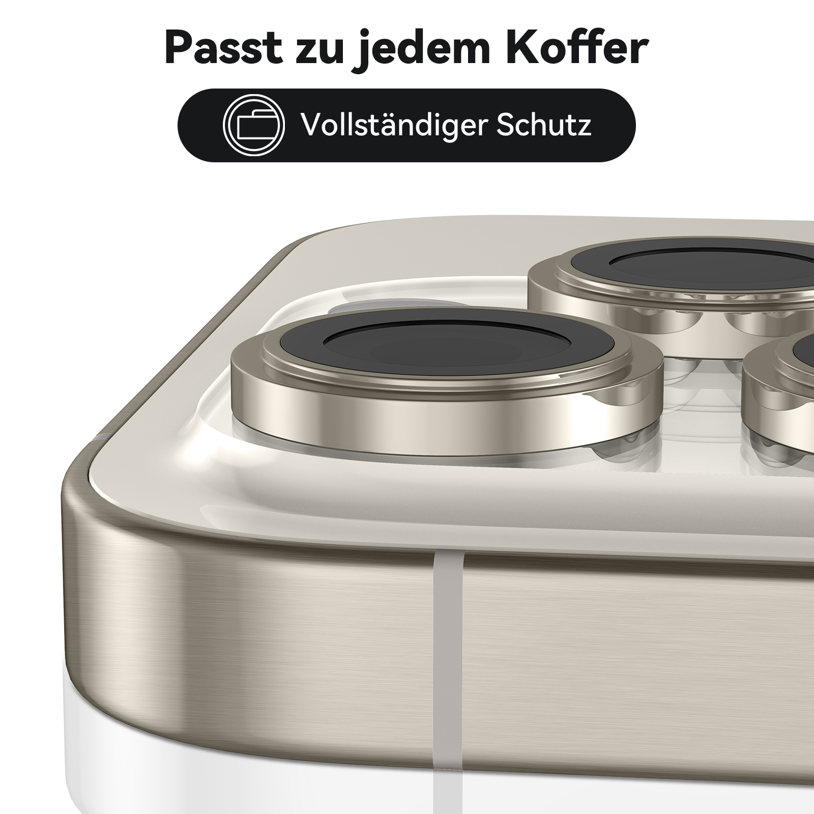 Nahaufnahme des Kameraschutzes des Telefons. Silber und Weiß, dunkler Hintergrund.
