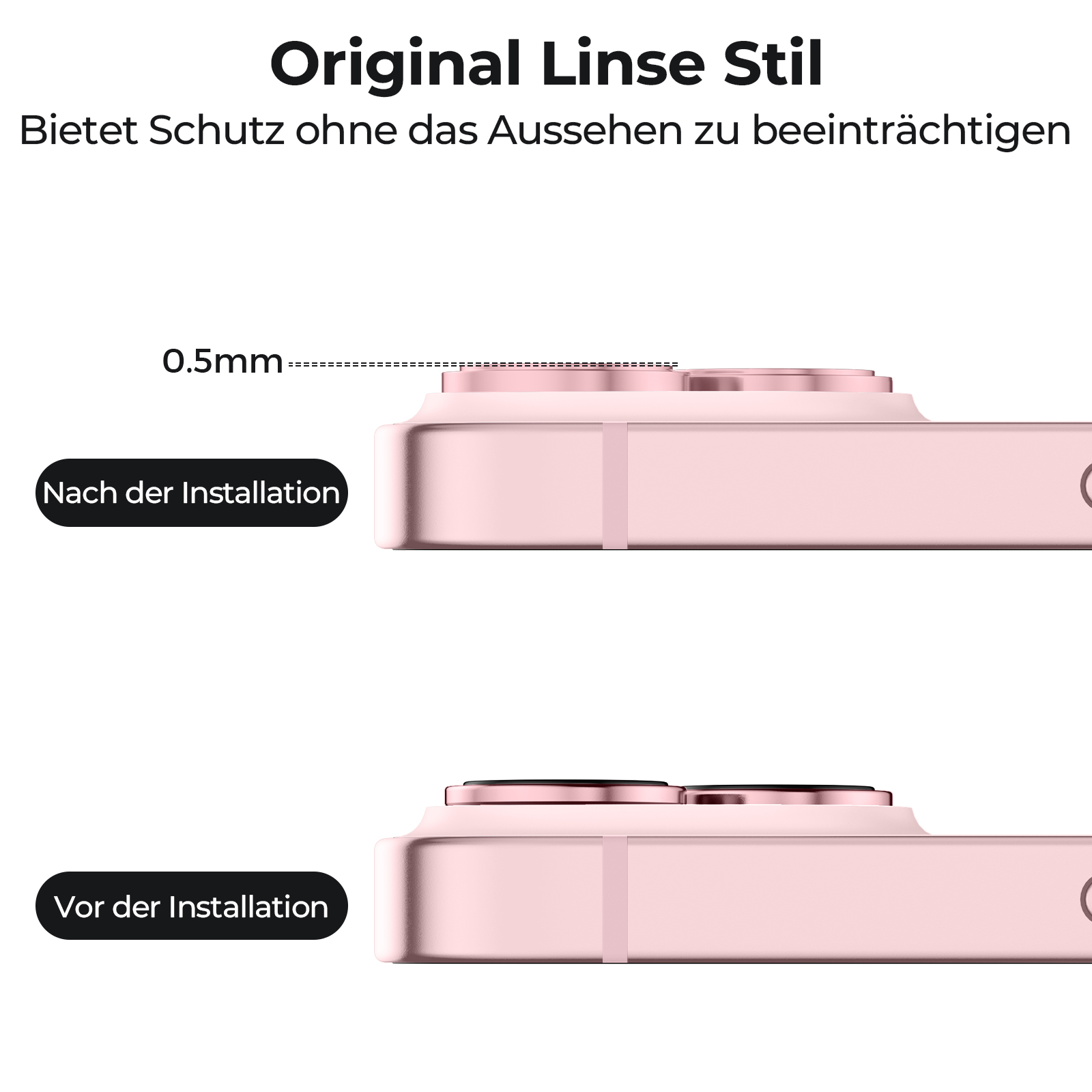 Nahaufnahme-Vergleich von zwei Telefonen. Eines zeigt das Telefon vor der Installation eines Objektivschutzes.