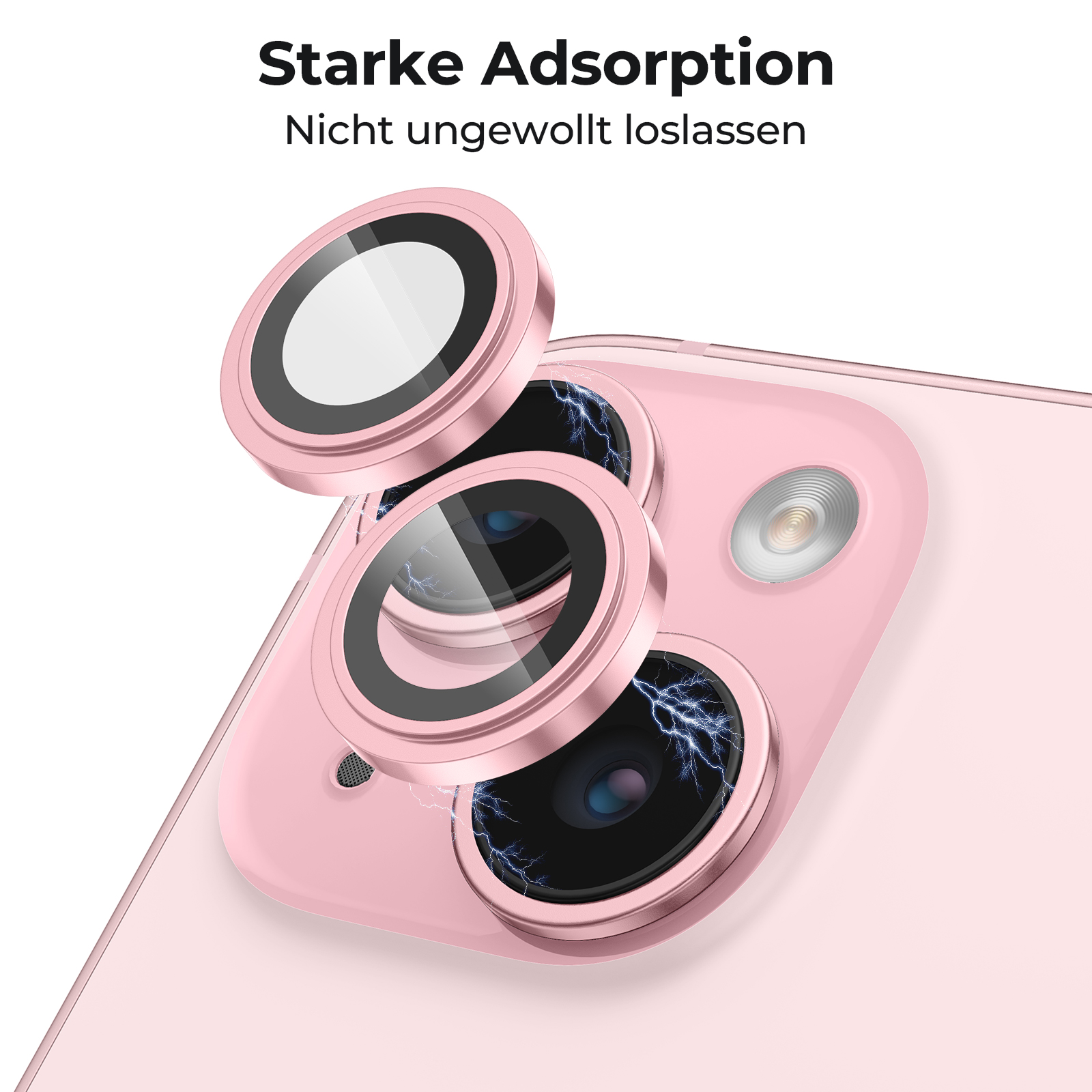 Rückseite eines rosa Telefons mit angebrachten Linsenschützern. Drei Linsenschützer sind fokussiert.