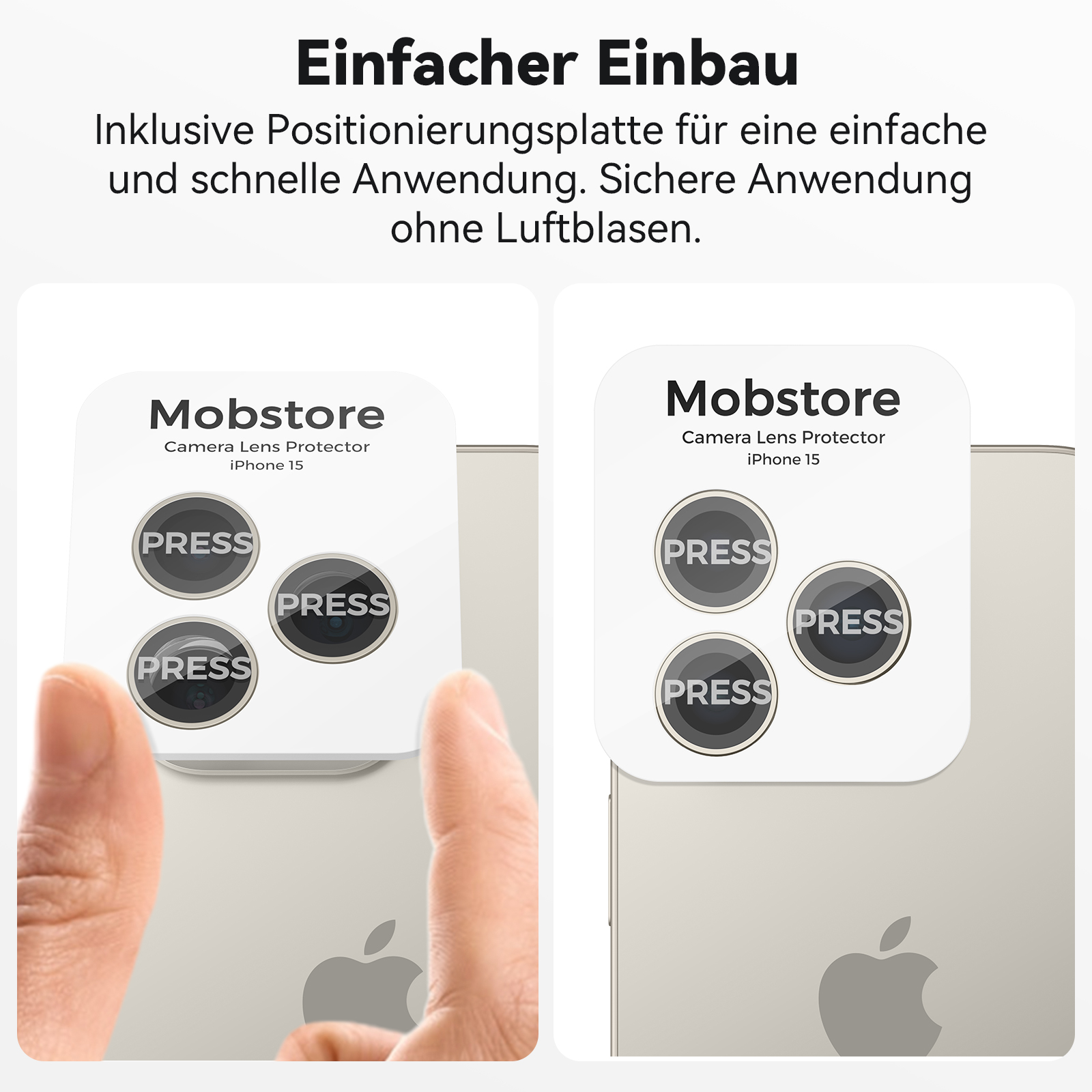 Zwei Bilder, die zeigen, wie man einen Kameraschutz auf einem Telefon installiert.