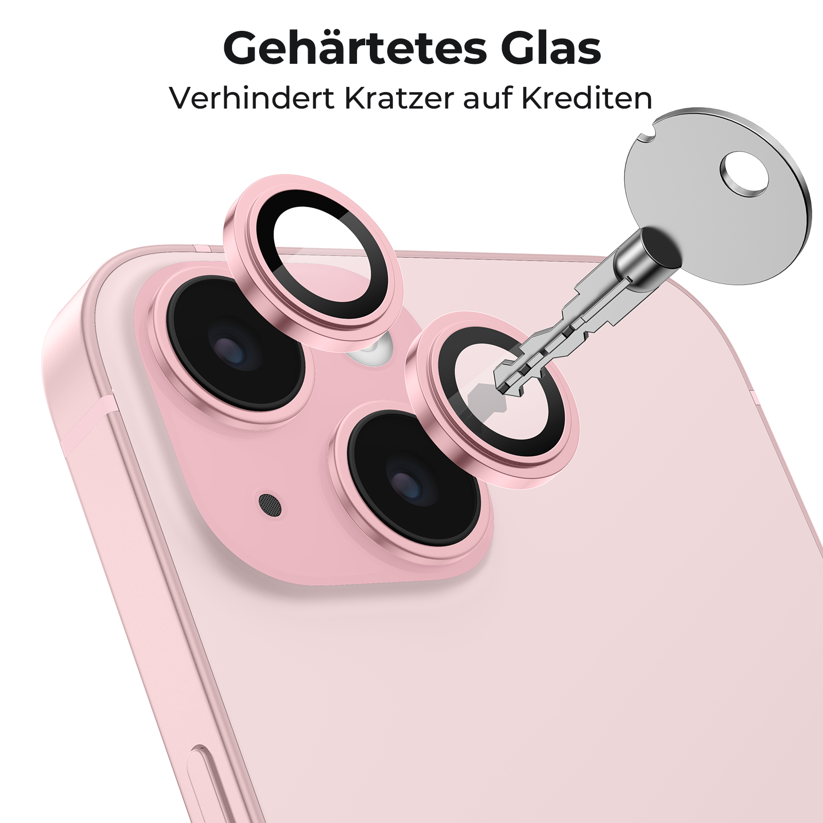 Ein rosa Telefon mit drei Kameralinsenabdeckungen und einem Schlüssel. Der Text lautet 'Gehärtetes Glas'.
