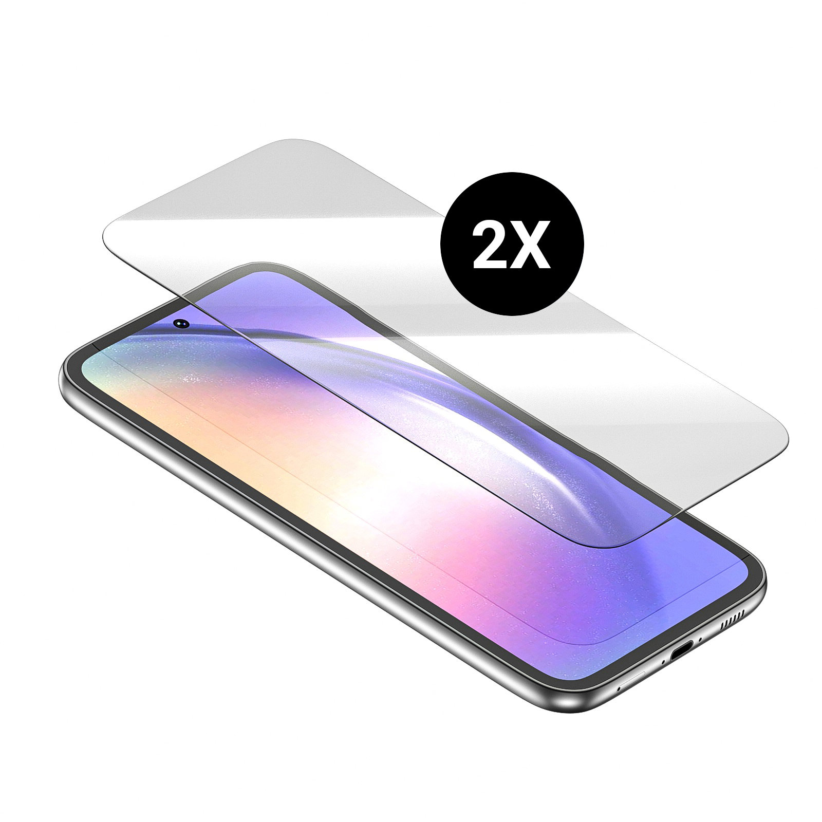 Zwei Displayschutzfolien auf einem Telefon. Ein schwarzer Kreis mit 2X befindet sich in der oberen rechten Ecke.