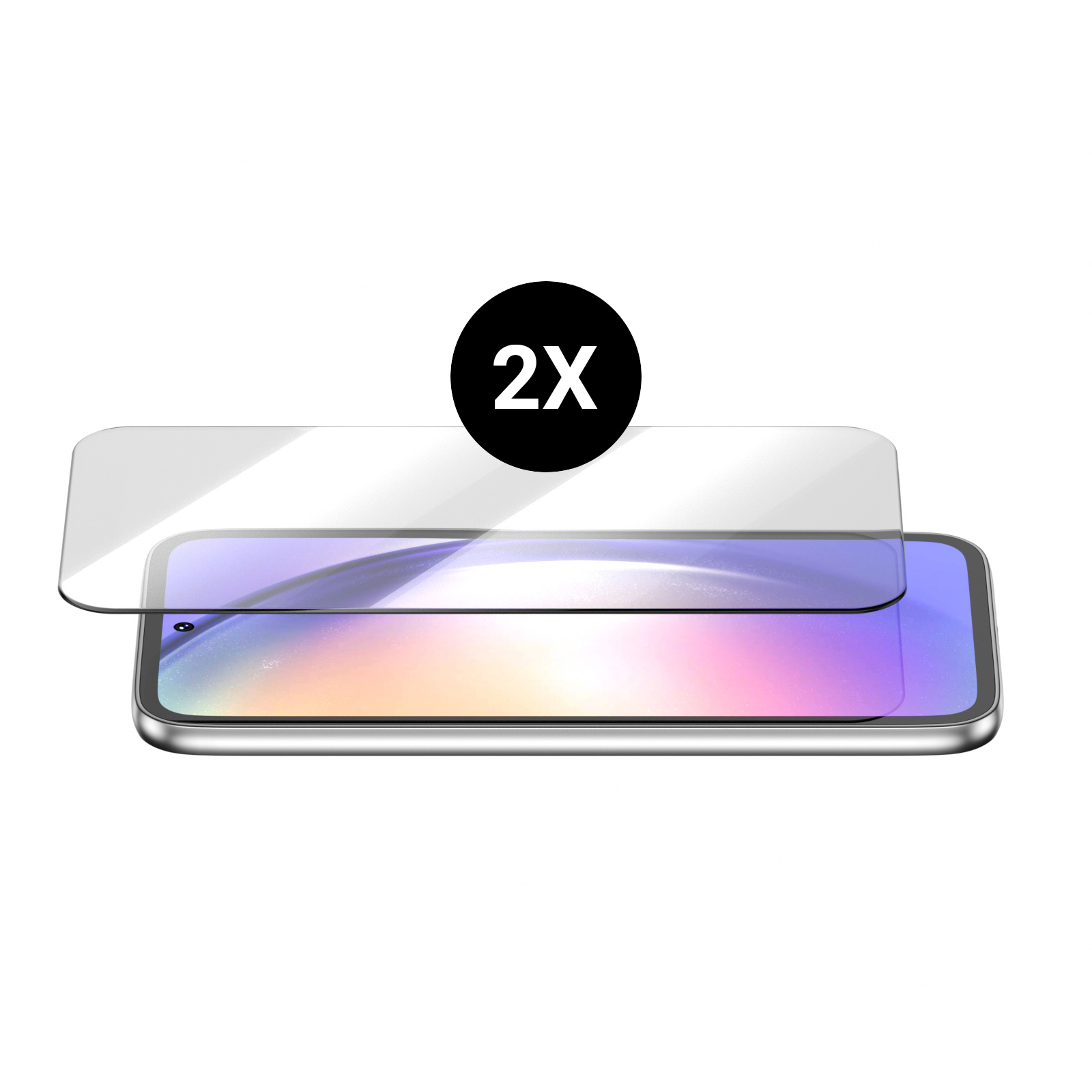 Zwei Displayschutzfolien mit dem Text '2X' werden auf einem Smartphone platziert. Das Telefon hat ein farbenfrohes Display.