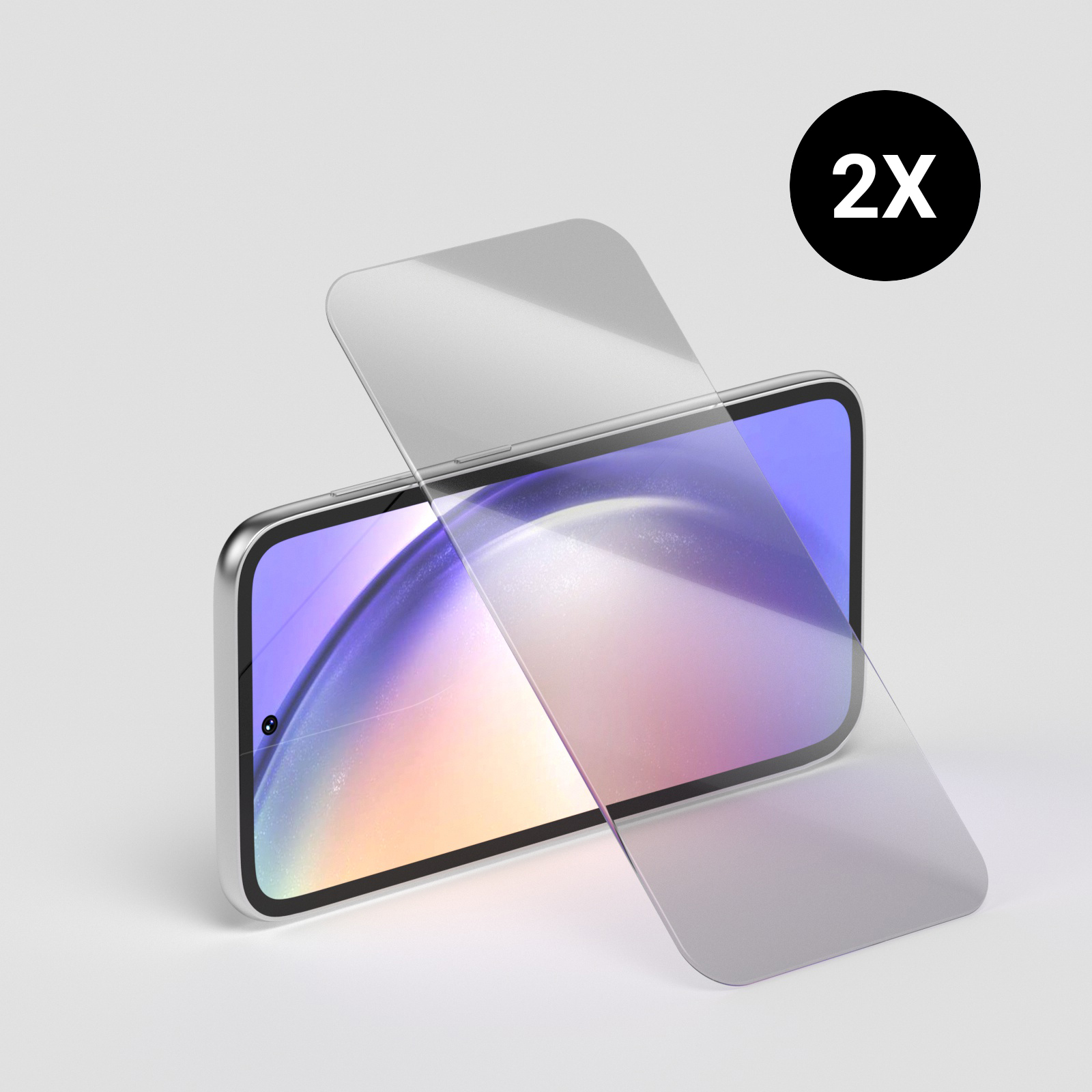 Ein Smartphone mit zwei Displayschutzfolien darüber, mit einem schwarzen Kreis, der 2x anzeigt.