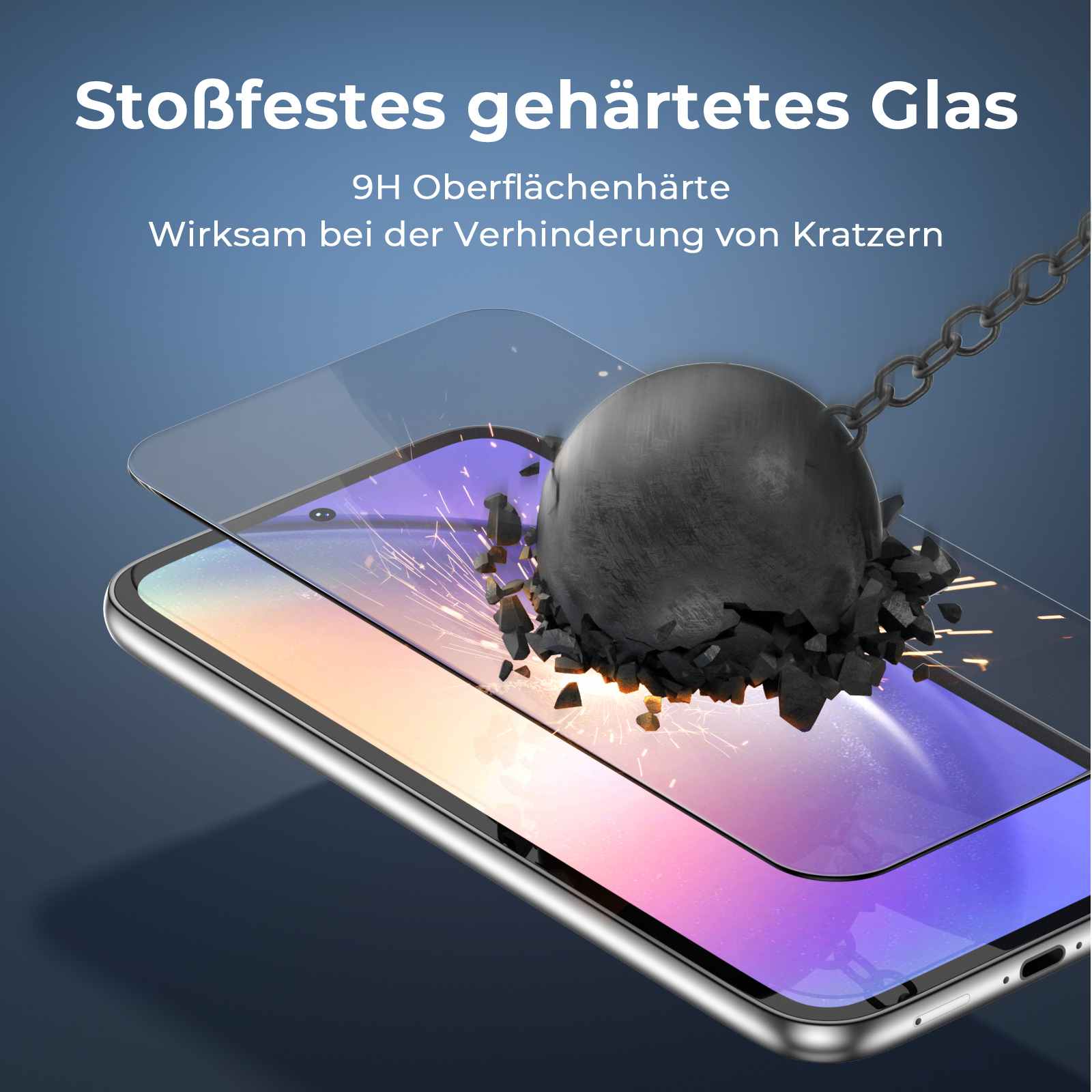 Ein Telefon mit Displayschutz, das von einer Kugel getroffen wird. Das Glas zersplittert. Blauer und violetter Hintergrund.