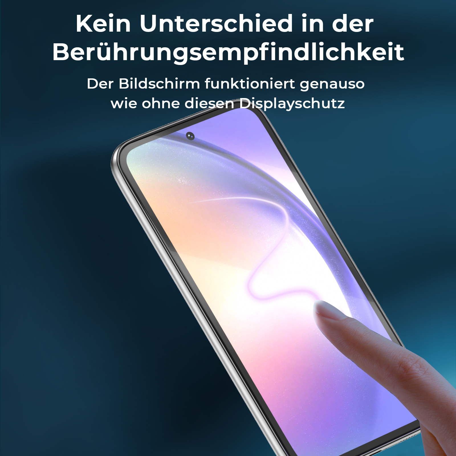 Hand berührt Telefonbildschirm. Bildschirm ist an und reflektiert Licht. Text: 'Kein Unterschied bei Berührungsempfindlichkeit'.