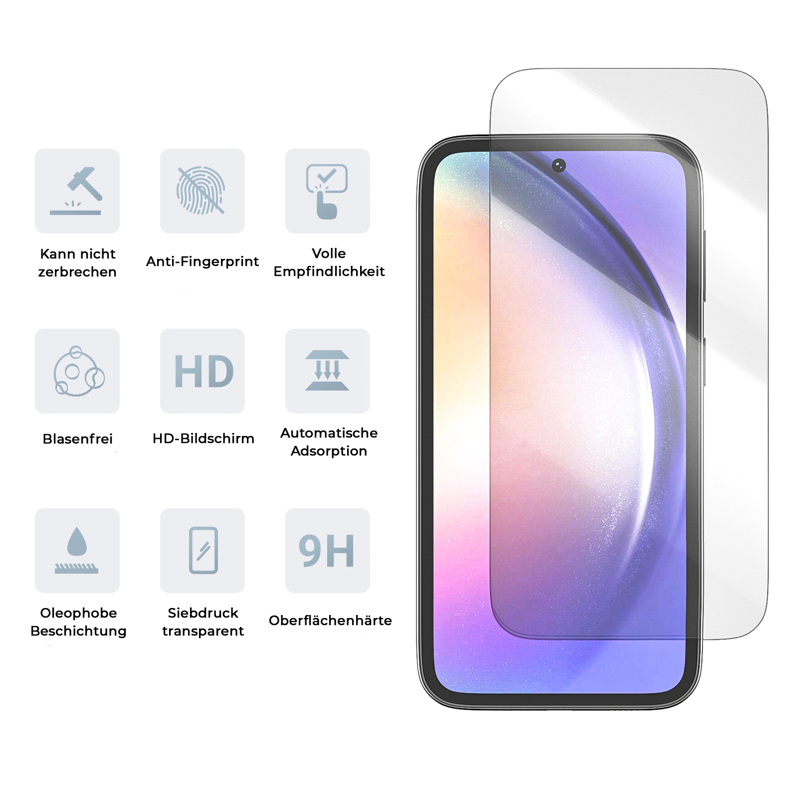 Ein Displayschutz für ein Telefon mit Symbolen. Der Hintergrund ist weiß.