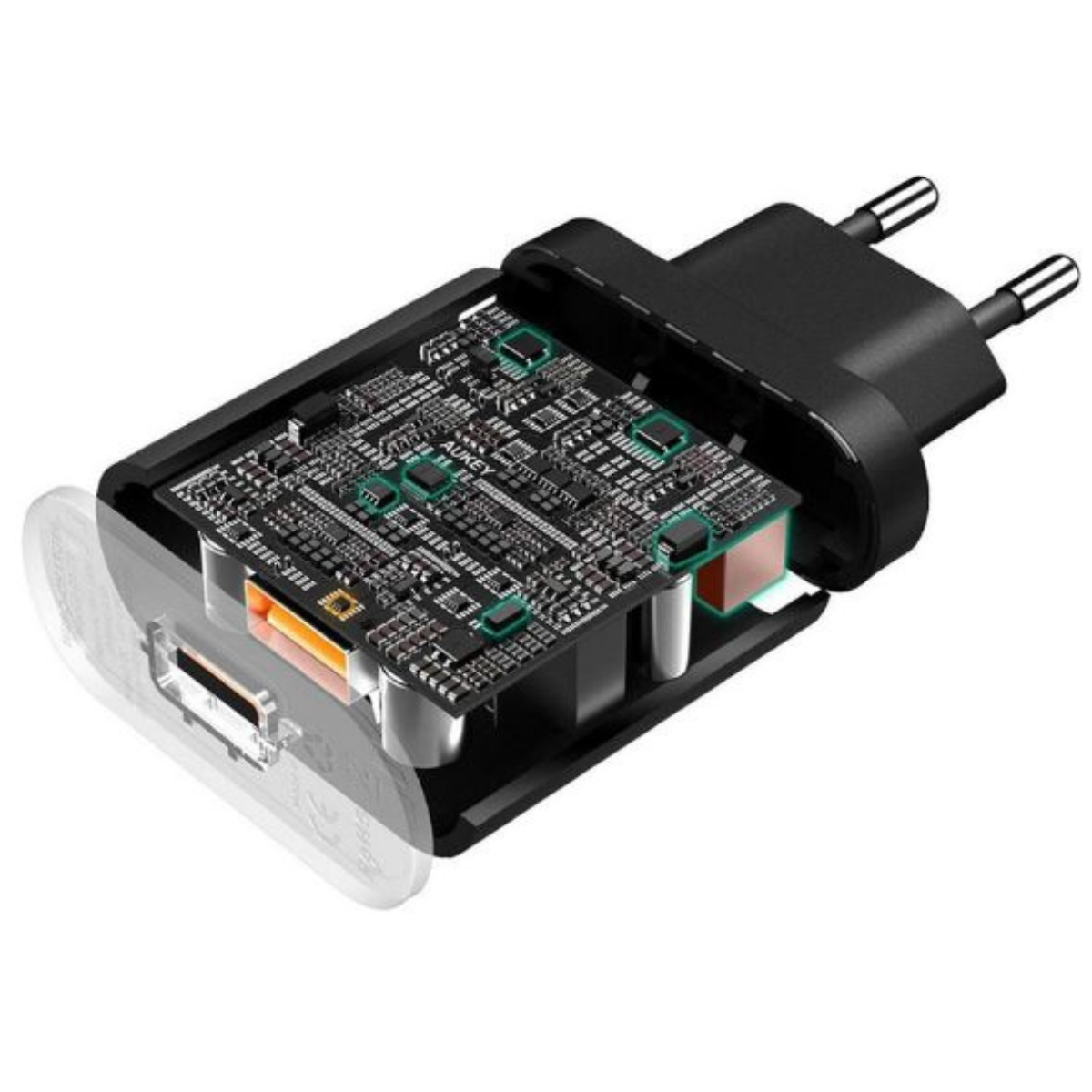 Schnittansicht eines schwarzen USB-Ladegeräts mit sichtbarer Leiterplatte und internen Komponenten.