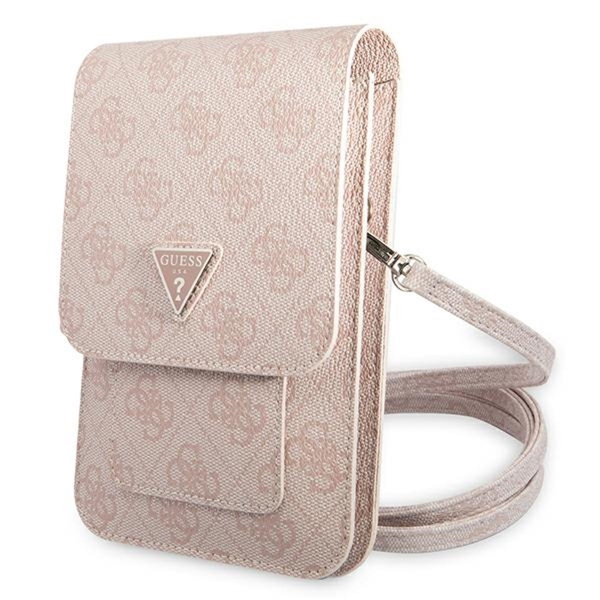 Una borsa per telefono Guess rosa con cinturino rosa chiaro, il logo del marchio e sfondo bianco.