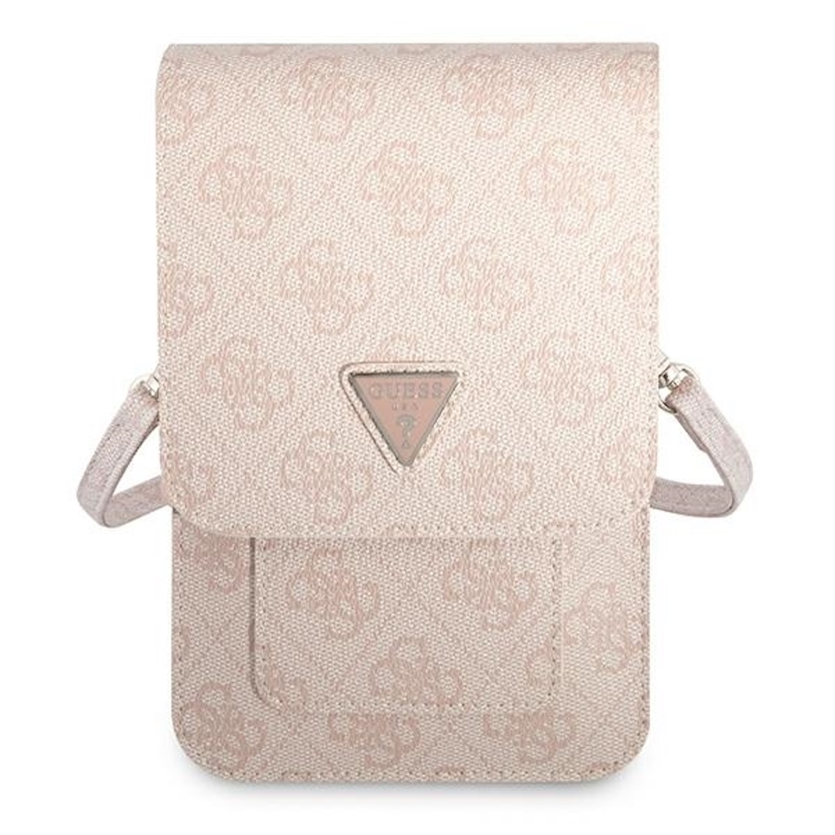 Borsa a tracolla rosa Guess. Ha un logo sul davanti e una tracolla.