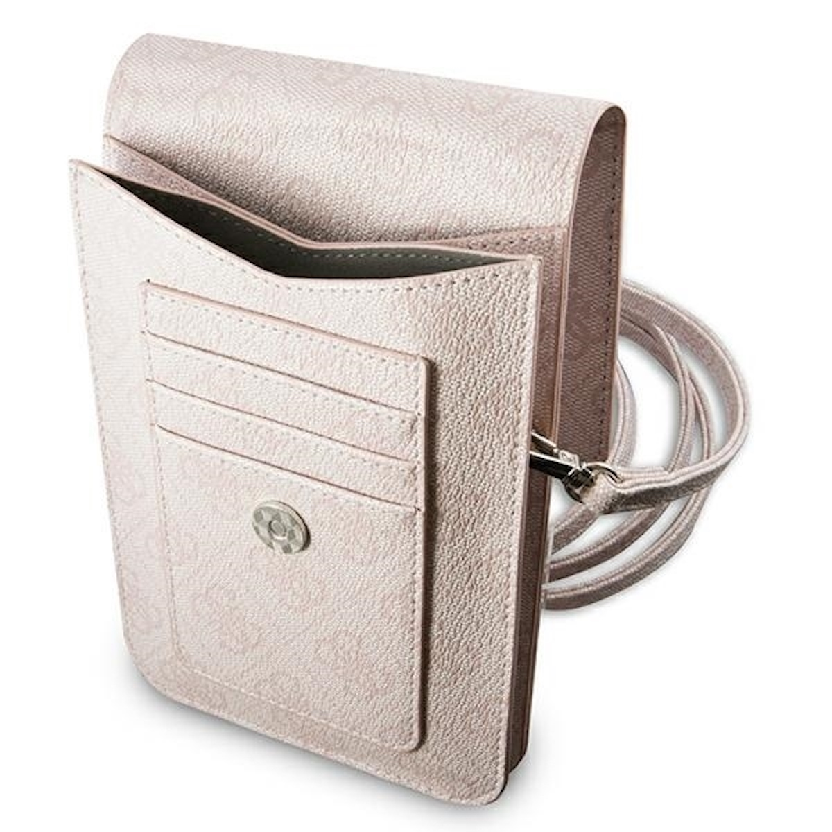Borsa per telefono rosa con scomparti per carte e cinturino, vista aperta.