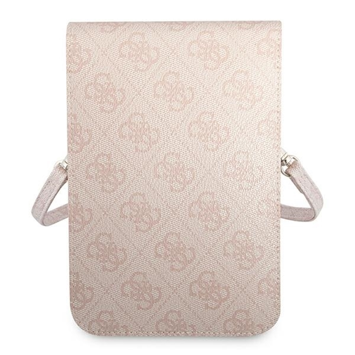 Borsa a tracolla Guess rosa pallido con motivo ripetuto e due cinghie.