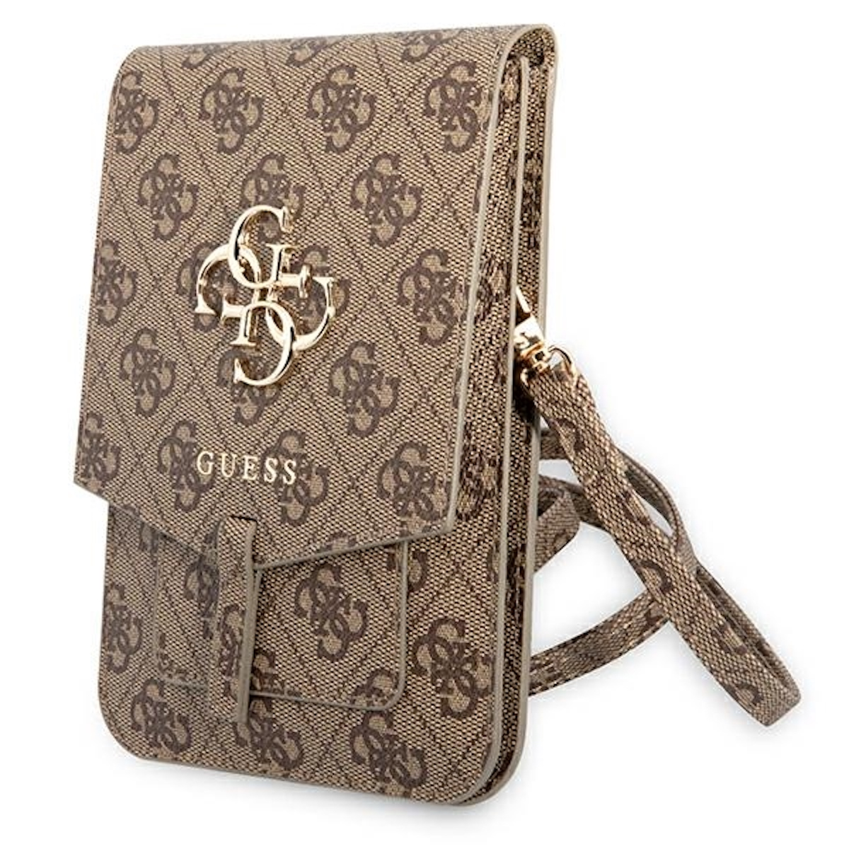 Borsa per telefono Guess marrone con logo e cinturino dorati, su sfondo bianco.