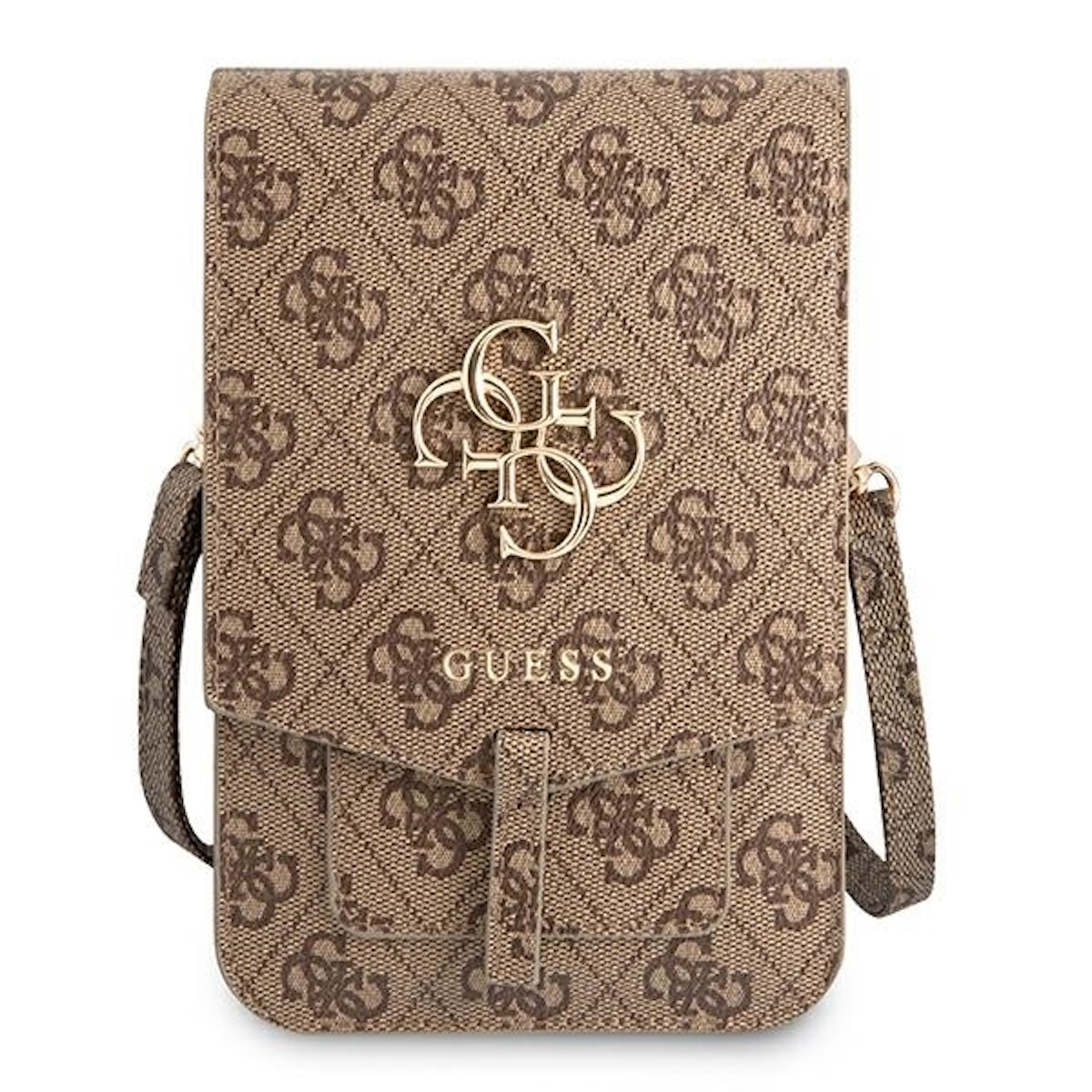 Una borsa a tracolla Guess marrone fantasia con logo e tracolla dorati.