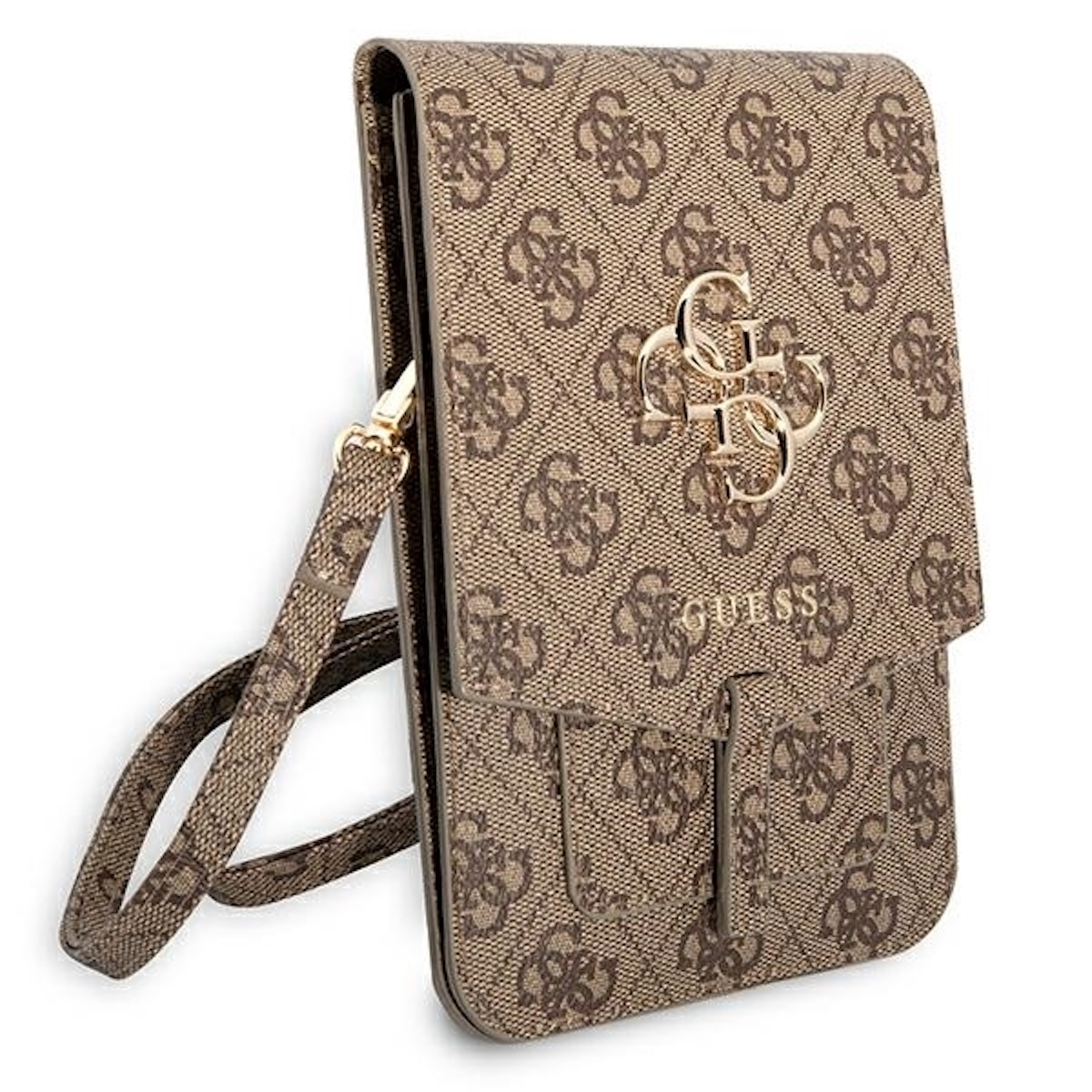 Custodia per telefono Guess marrone con motivo logo, dettagli dorati e tracolla.