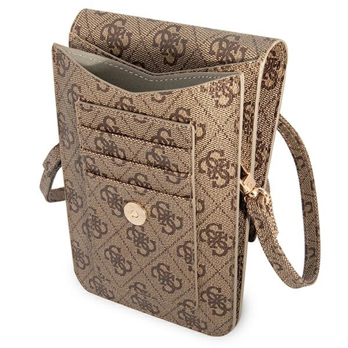 Una borsa a fantasia con tracolla e scomparto per carte, vista dall'alto.