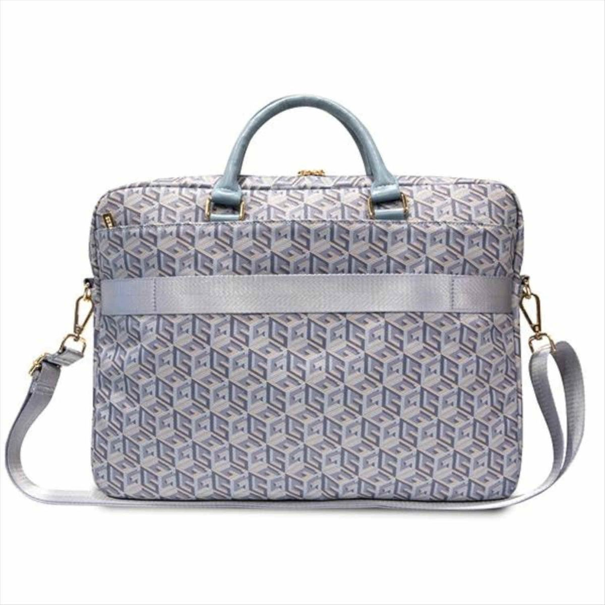 Borsa grigia per laptop con manico, tracolla e design geometrico.