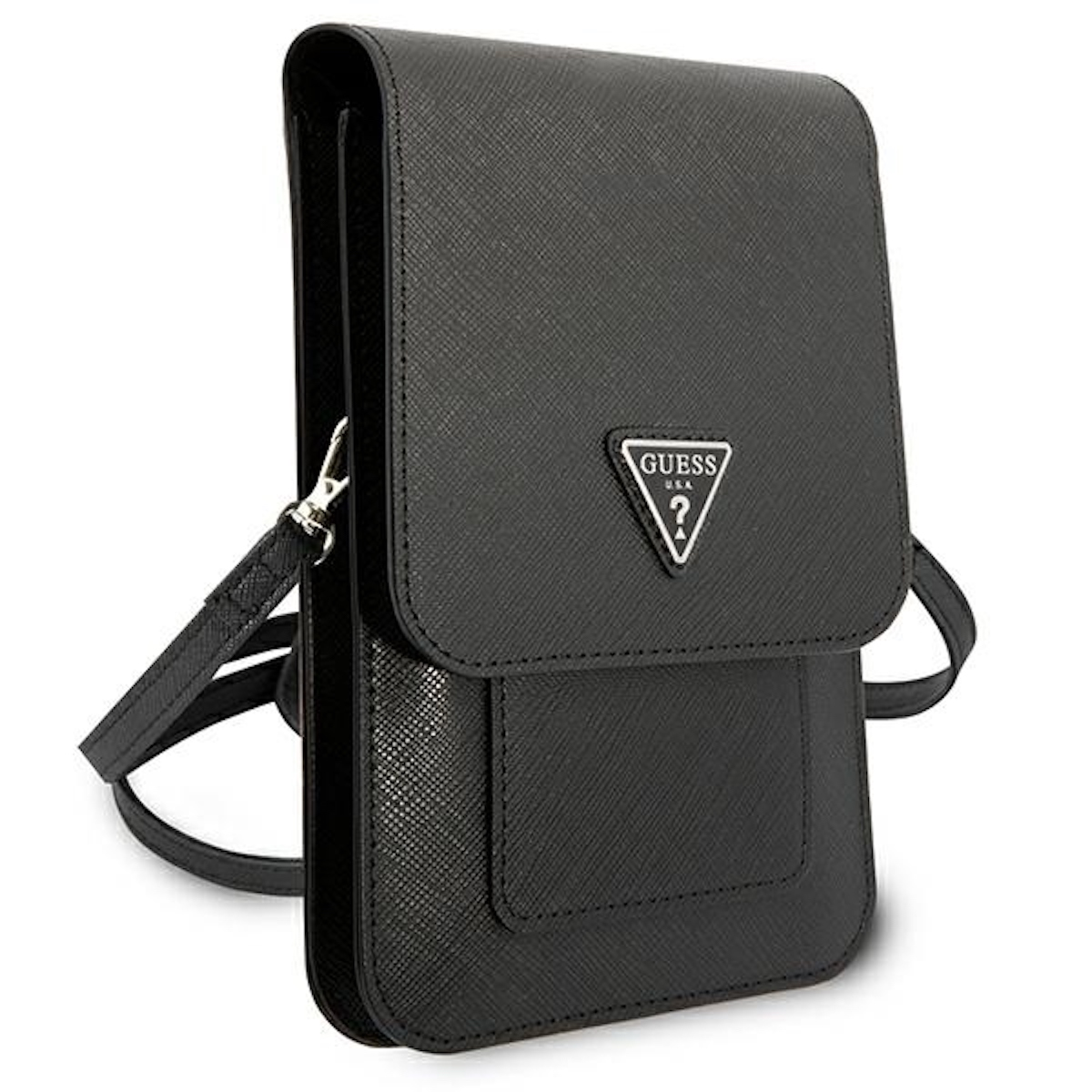 Una borsa a tracolla Guess nera con un logo su sfondo bianco.