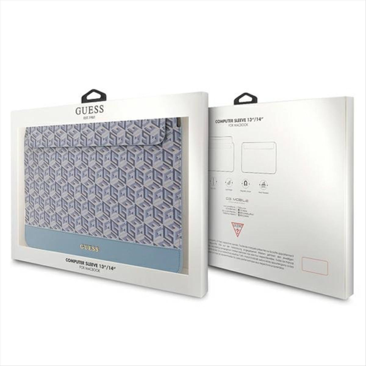 Una funda para ordenador en su embalaje, con un patrón de logotipos G blancos y azules.
