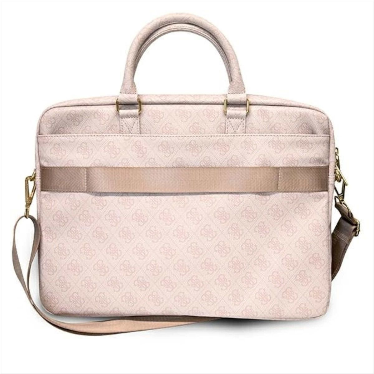 Borsa rosa chiaro con manico e tracolla, con motivo ripetuto.