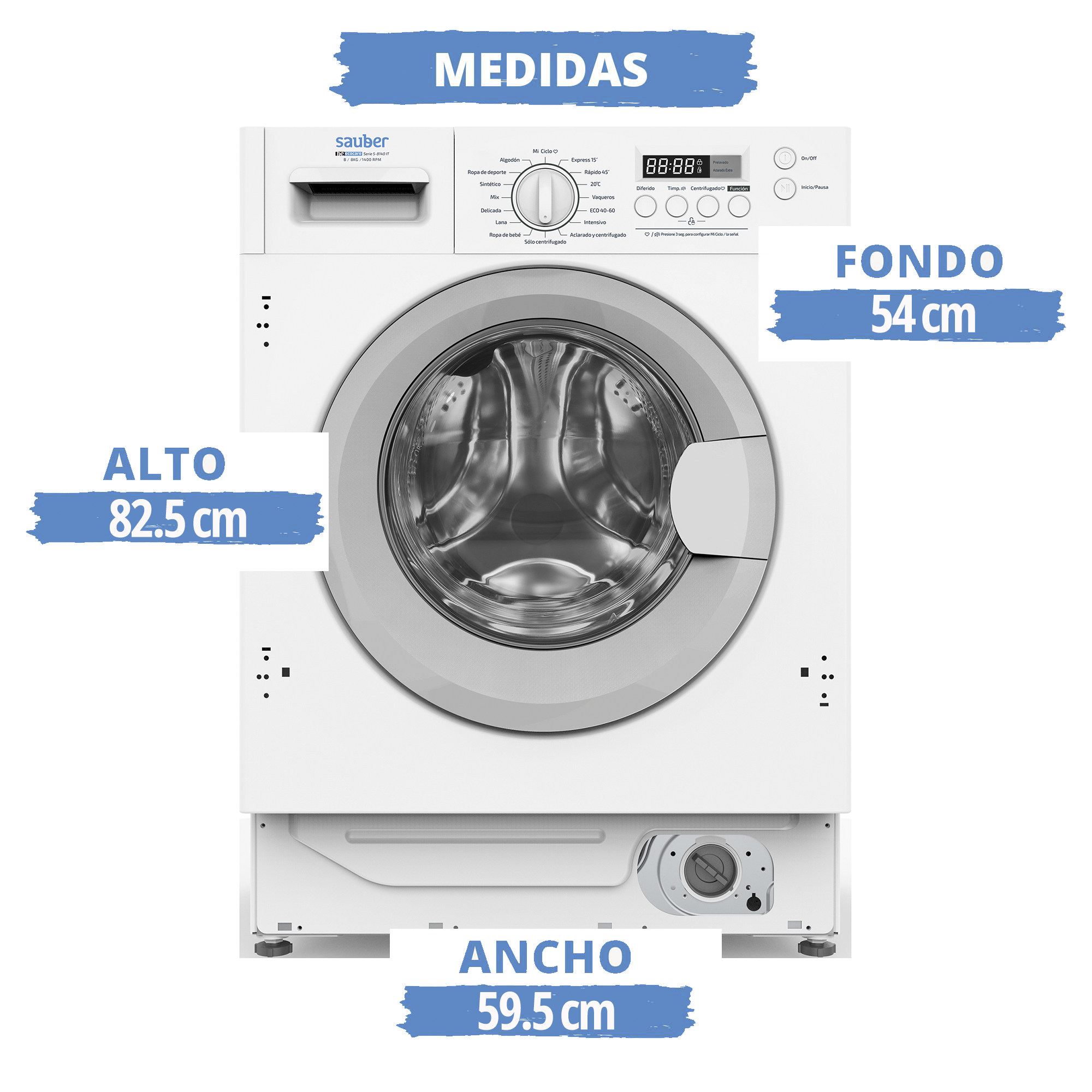 Lavadora Sauber blanca. Se muestran las medidas. La máquina es blanca con etiquetas.