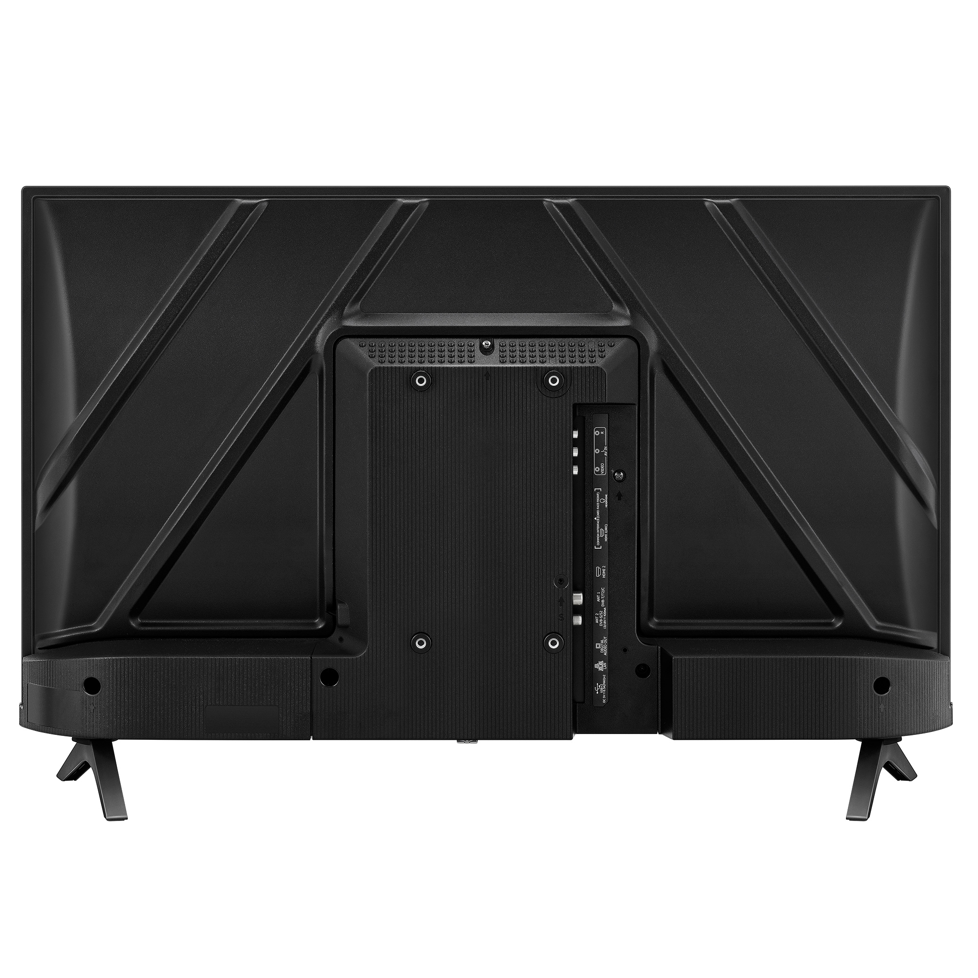 Tył czarnego telewizora z płaskim ekranem z widocznymi portami i złączami. Jest na dwóch nogach.