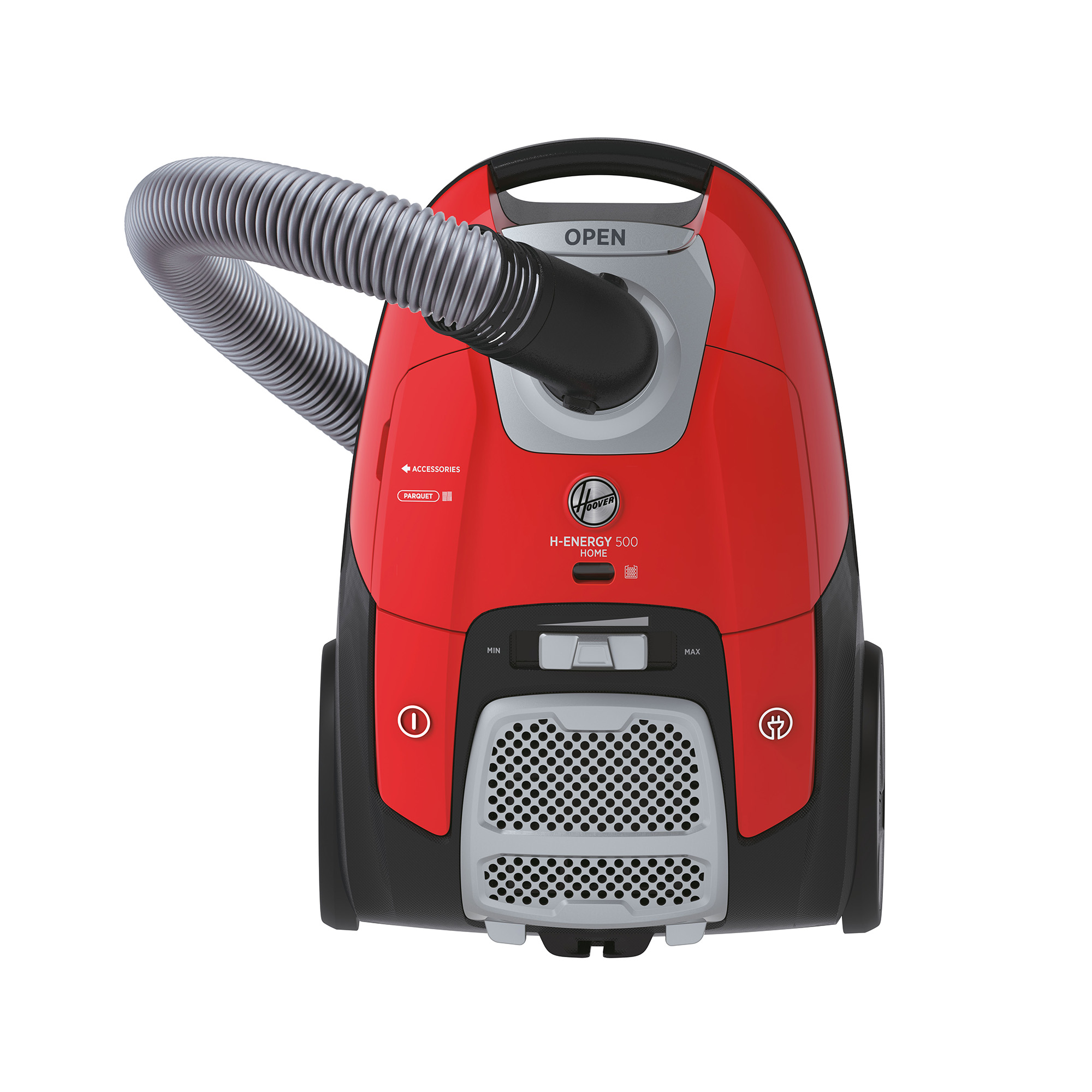 Aspirapolvere rosso. Ha un tubo e la parola 'Hoover' sopra.