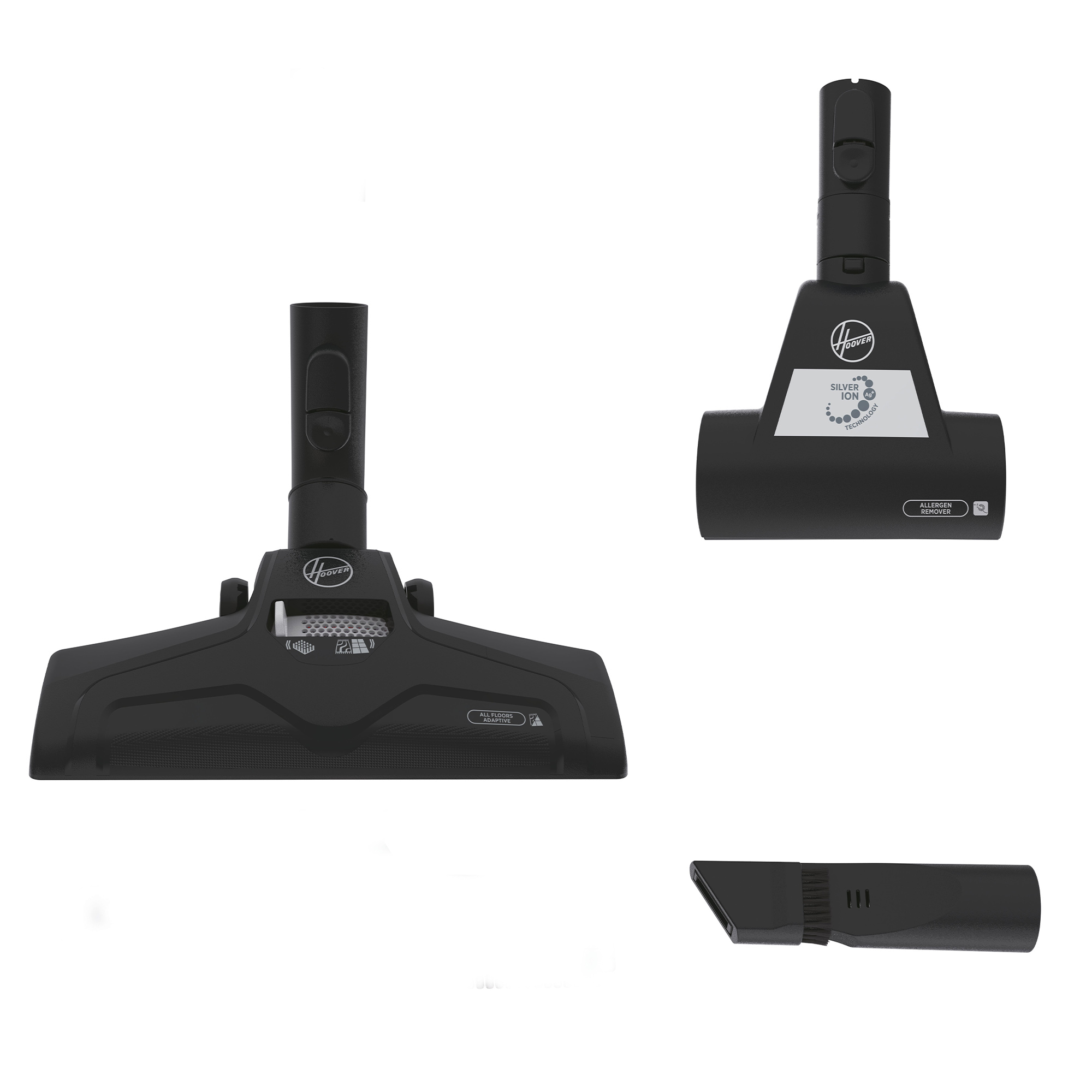 Trzy czarne nasadki do odkurzacza Hoover na białym tle.