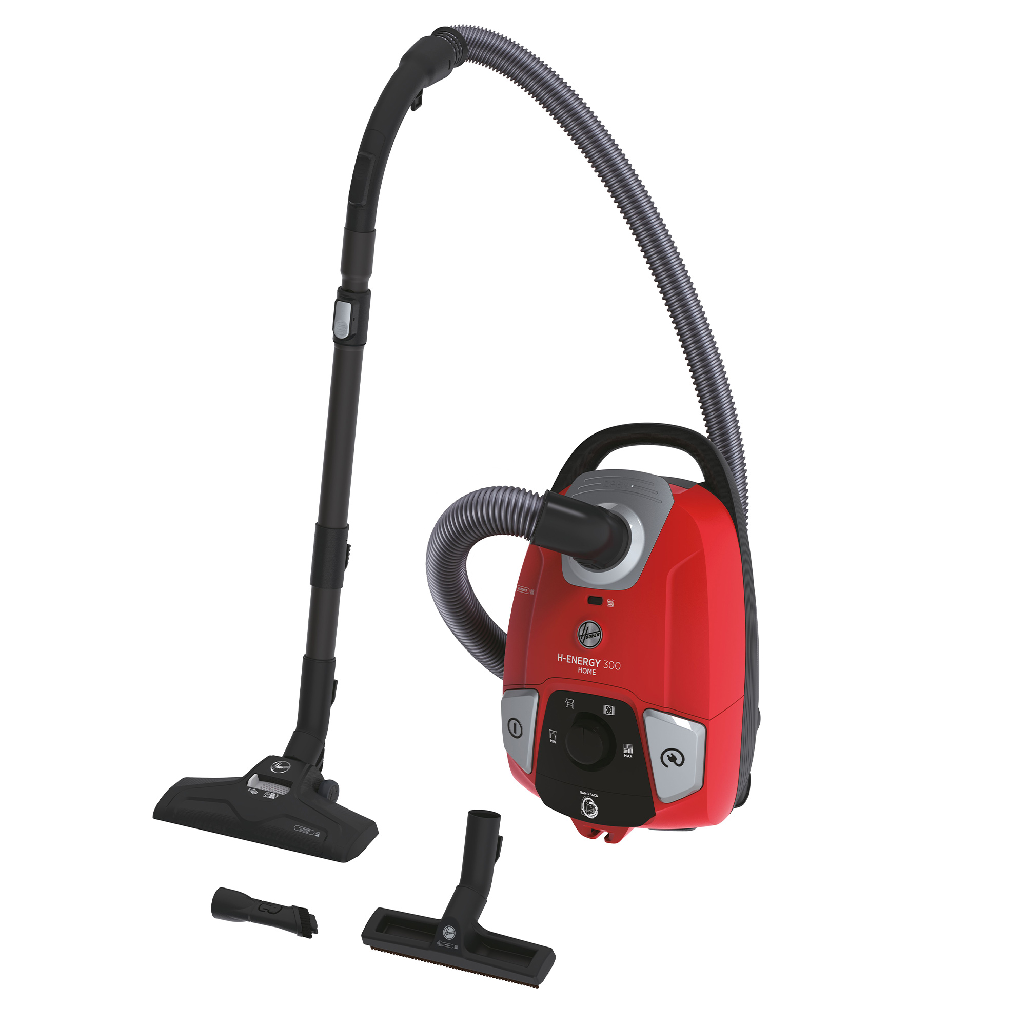 Czerwony odkurzacz z osprzętem na białym tle. Jest zwrócony w lewo.