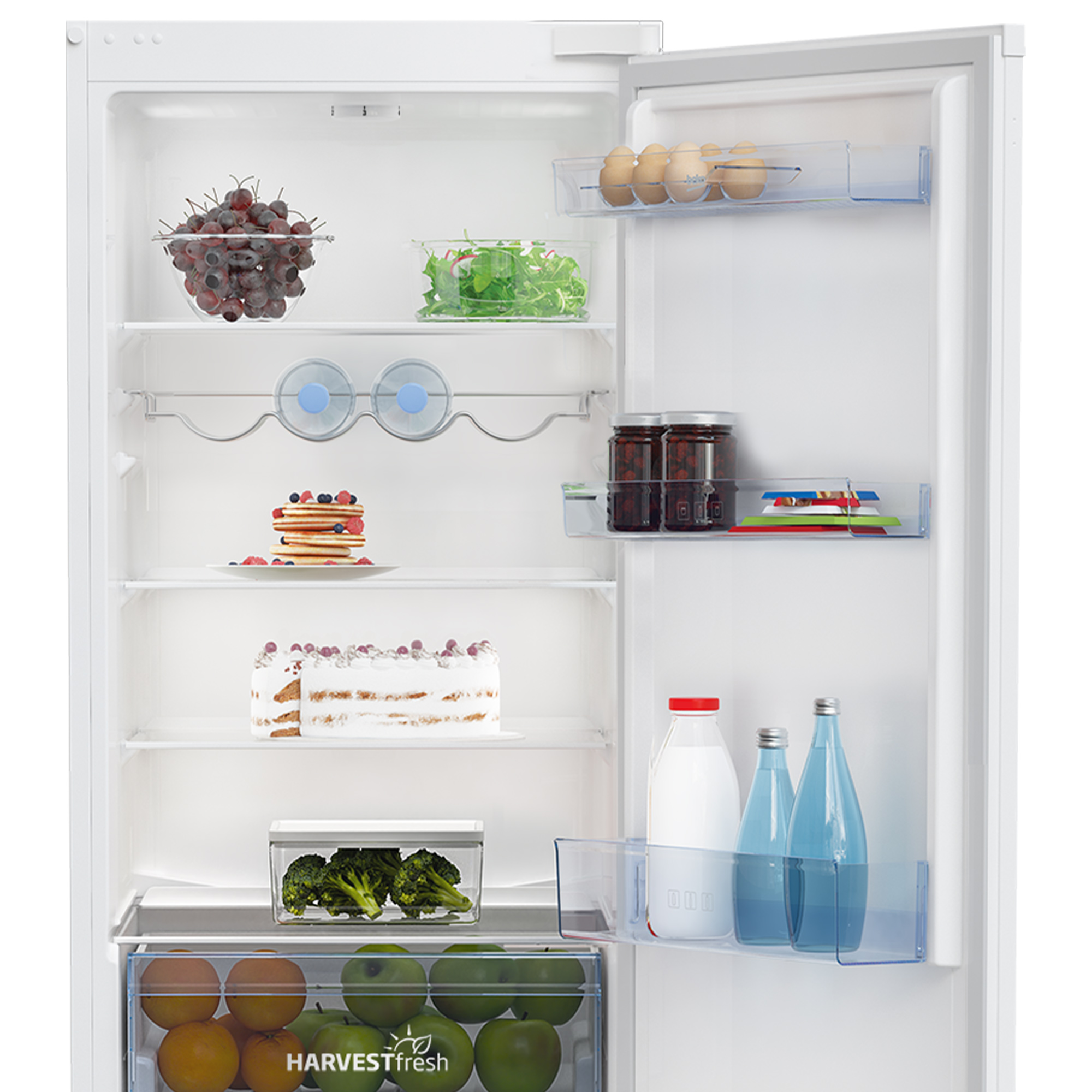 Refrigerator interior: fruits, vegetables, dairy products, and prepared food.