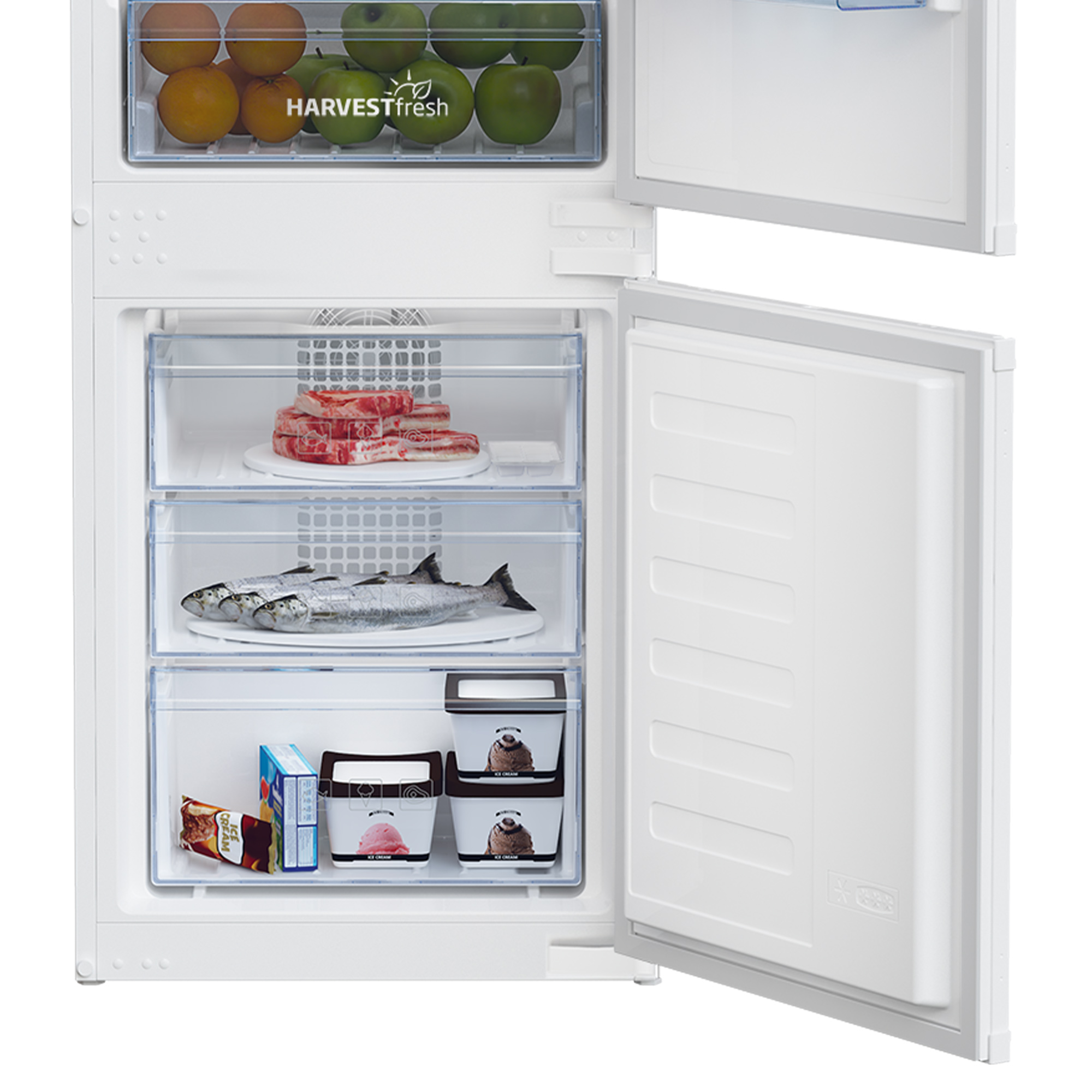 A refrigerator with the door open, showing shelves with food.