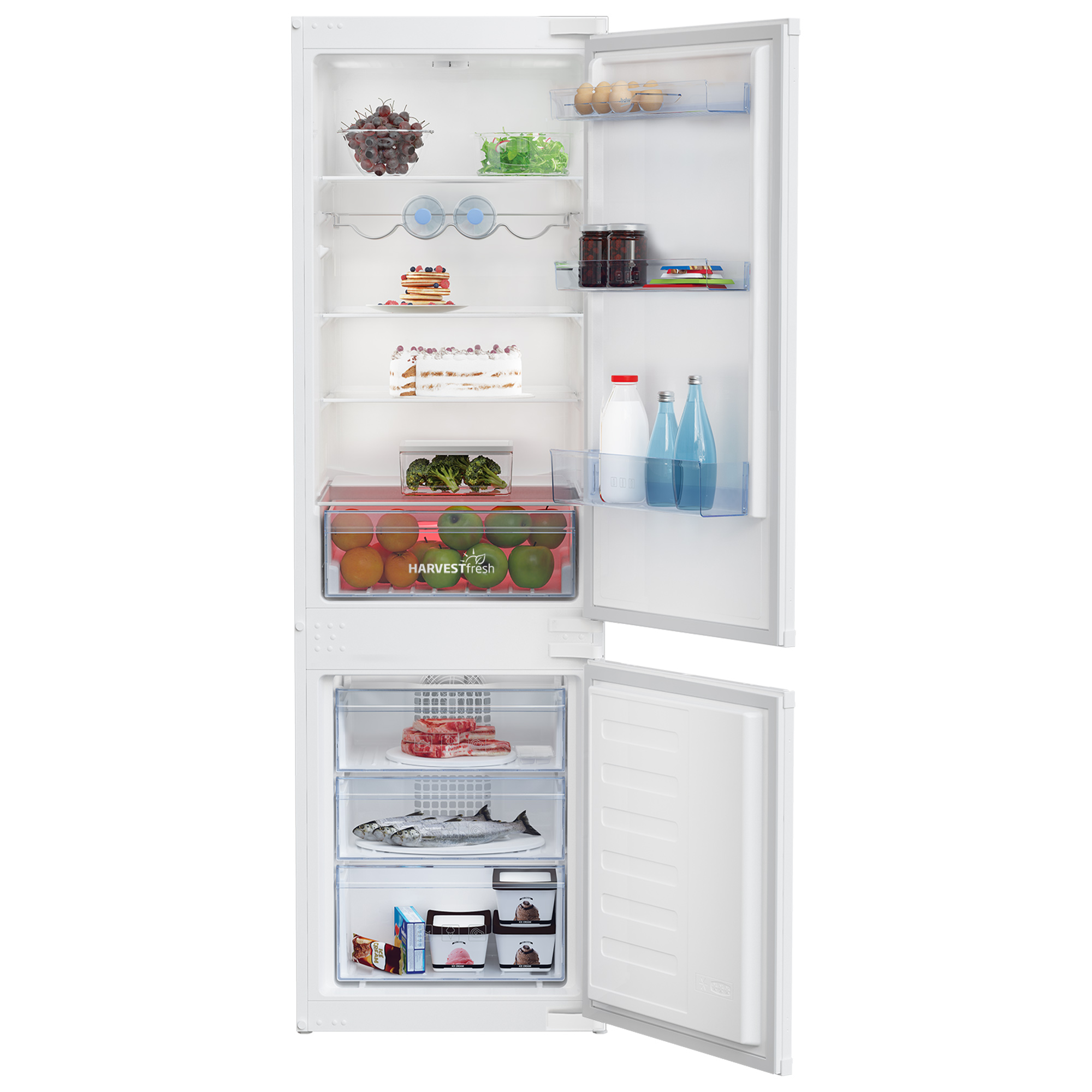 An open refrigerator with items inside: vegetables, fruits, drinks, and other food items.