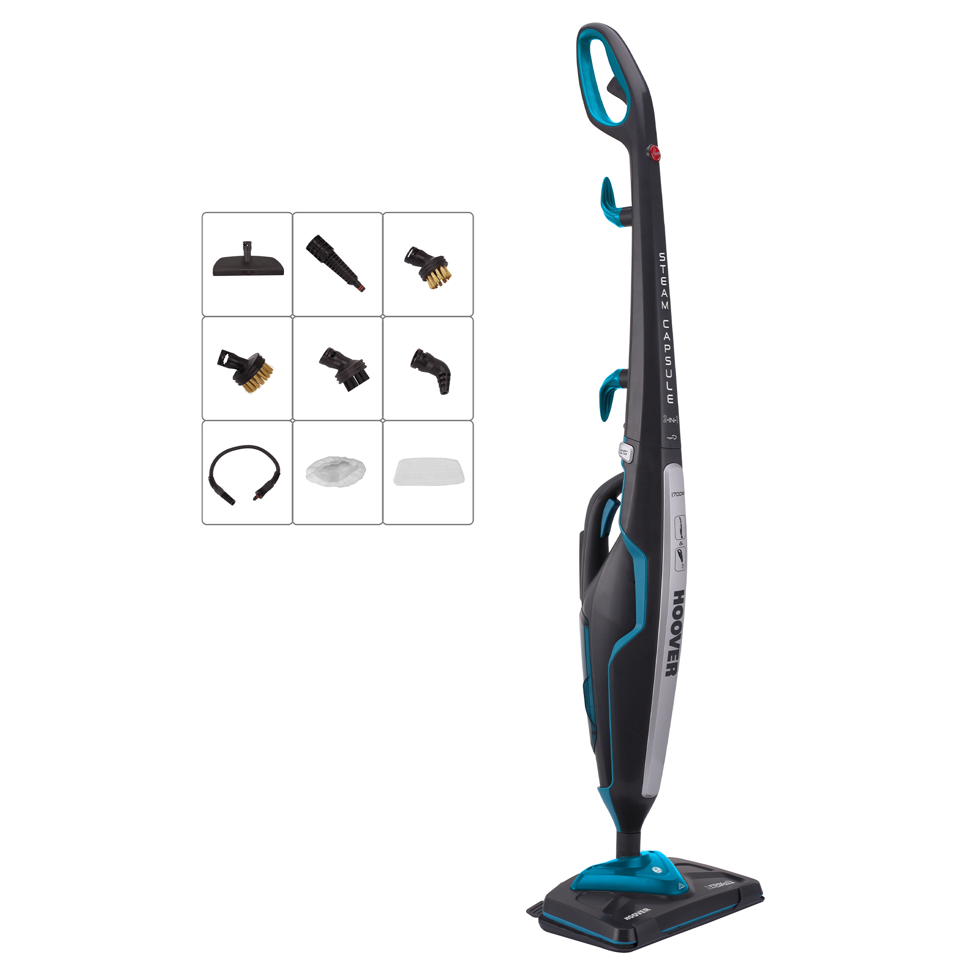 Odkurzacz parowy Hoover z wieloma nasadkami wyświetlany na białym tle.