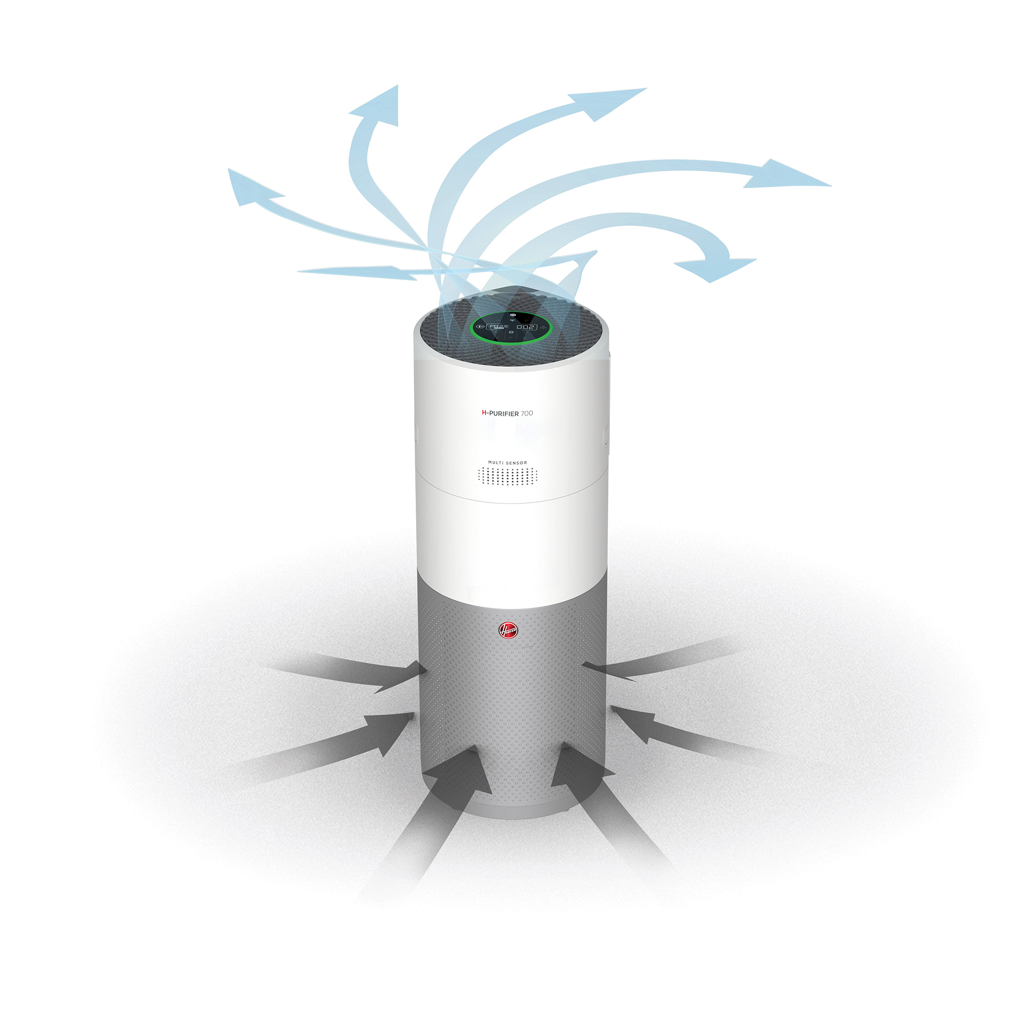 Un purificatore d'aria bianco e grigio con frecce che indicano il flusso d'aria, su sfondo bianco.