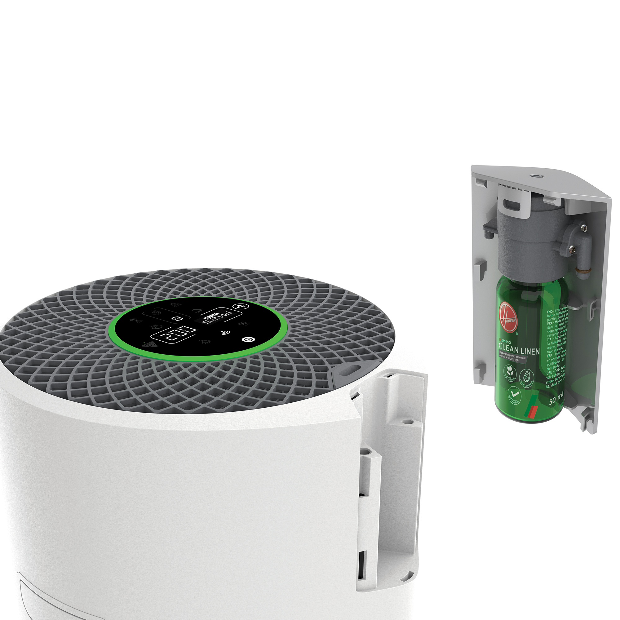 Un purificatore d'aria con un pannello di controllo illuminato di verde e una bottiglia di profumo attaccata.
