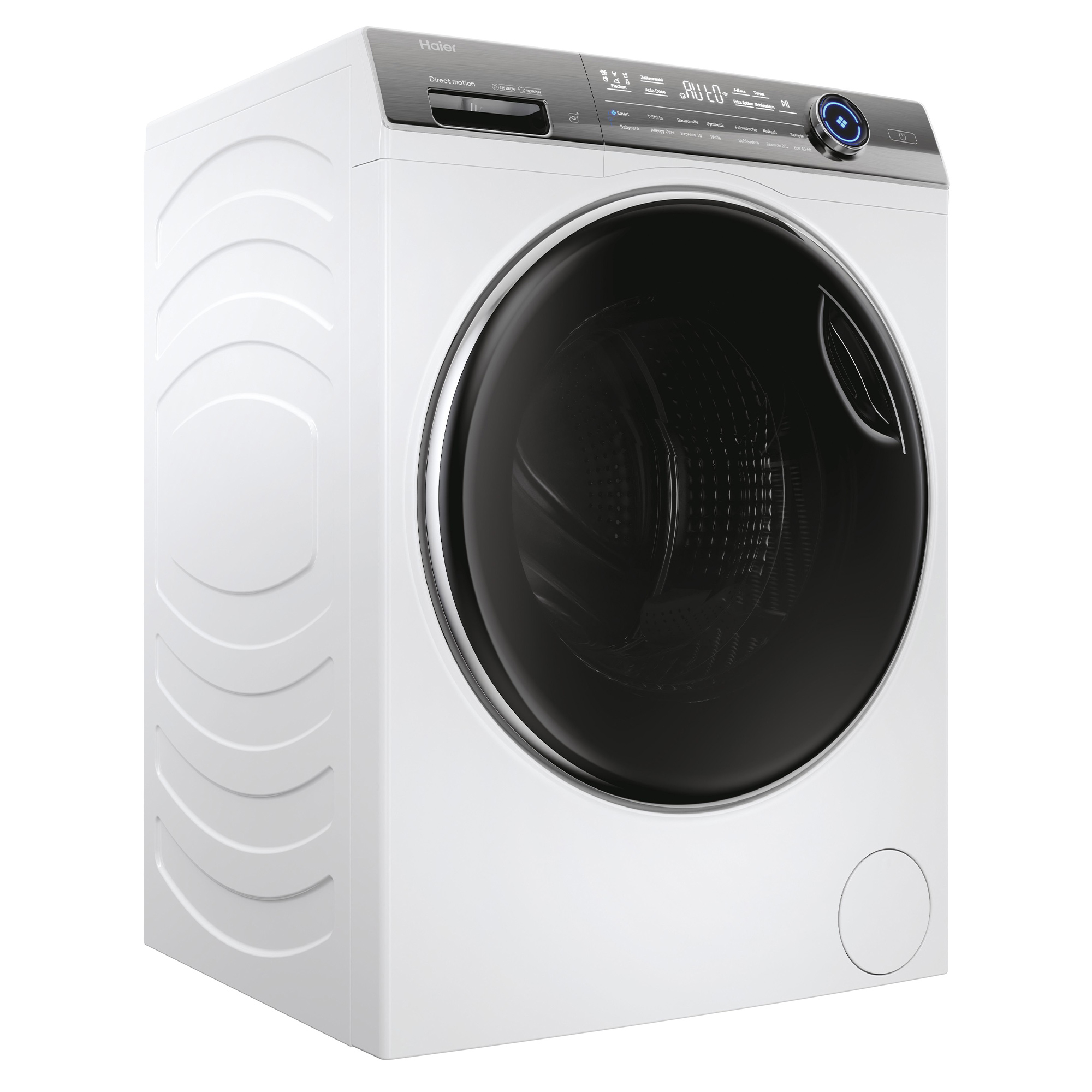 Eine weiße Haier Waschmaschine mit schwarzer Tür und digitalem Bedienfeld. Der Hintergrund ist weiß.
