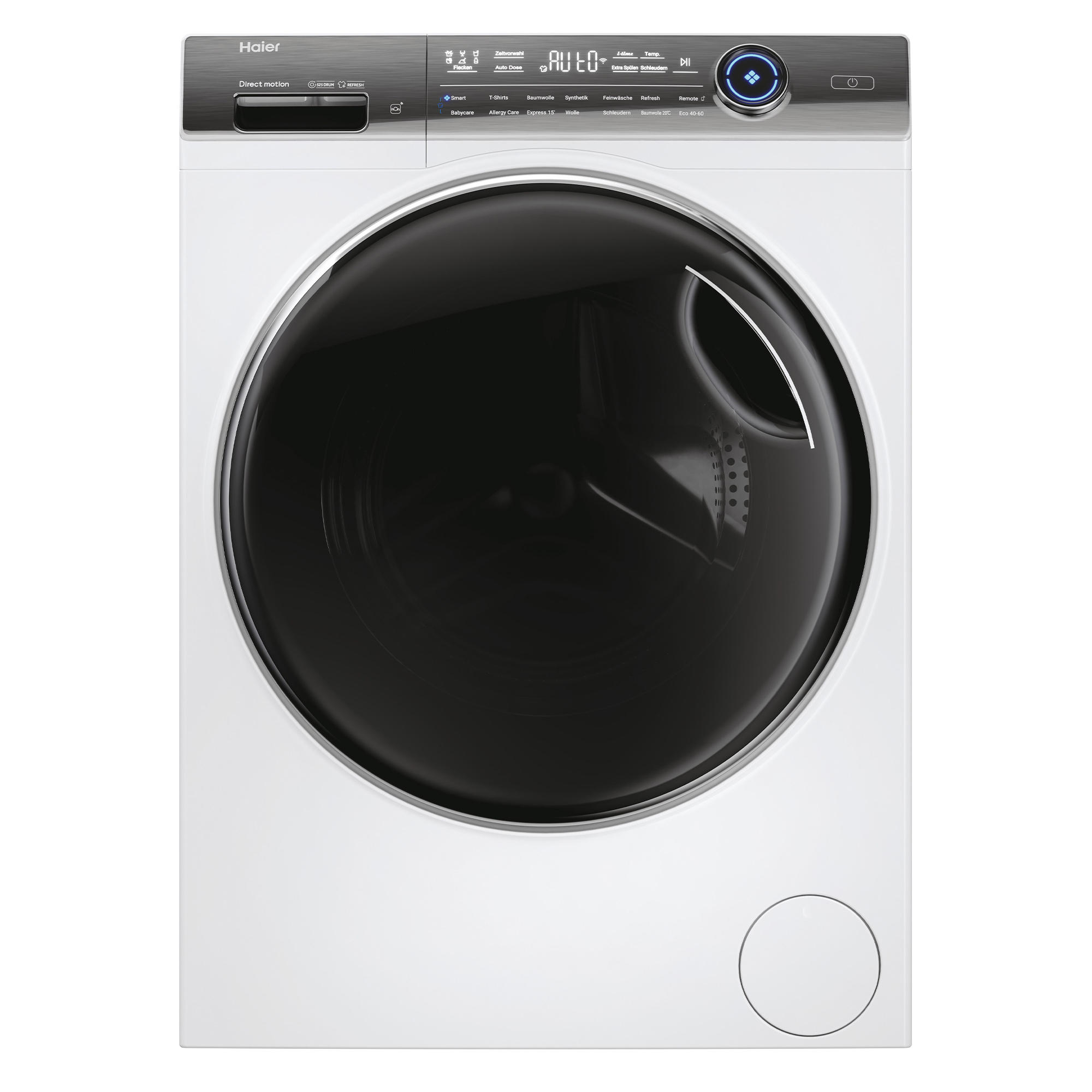 Eine weiße Haier Waschmaschine mit schwarzer Tür und Digitalanzeige.