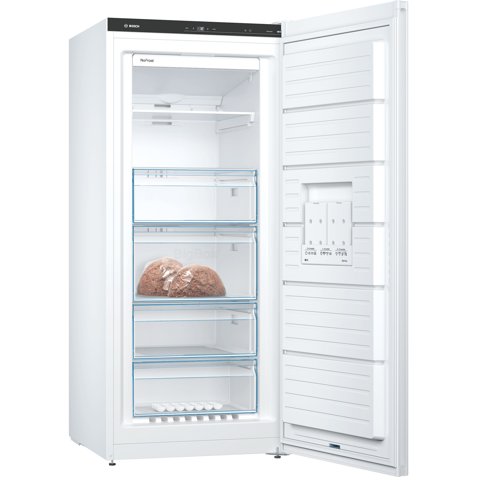 Ein weißer Bosch-Kühlschrank mit geöffneter Tür, der Schubladen und Regale mit Lebensmitteln im Inneren zeigt. Das Innere ist weiß.