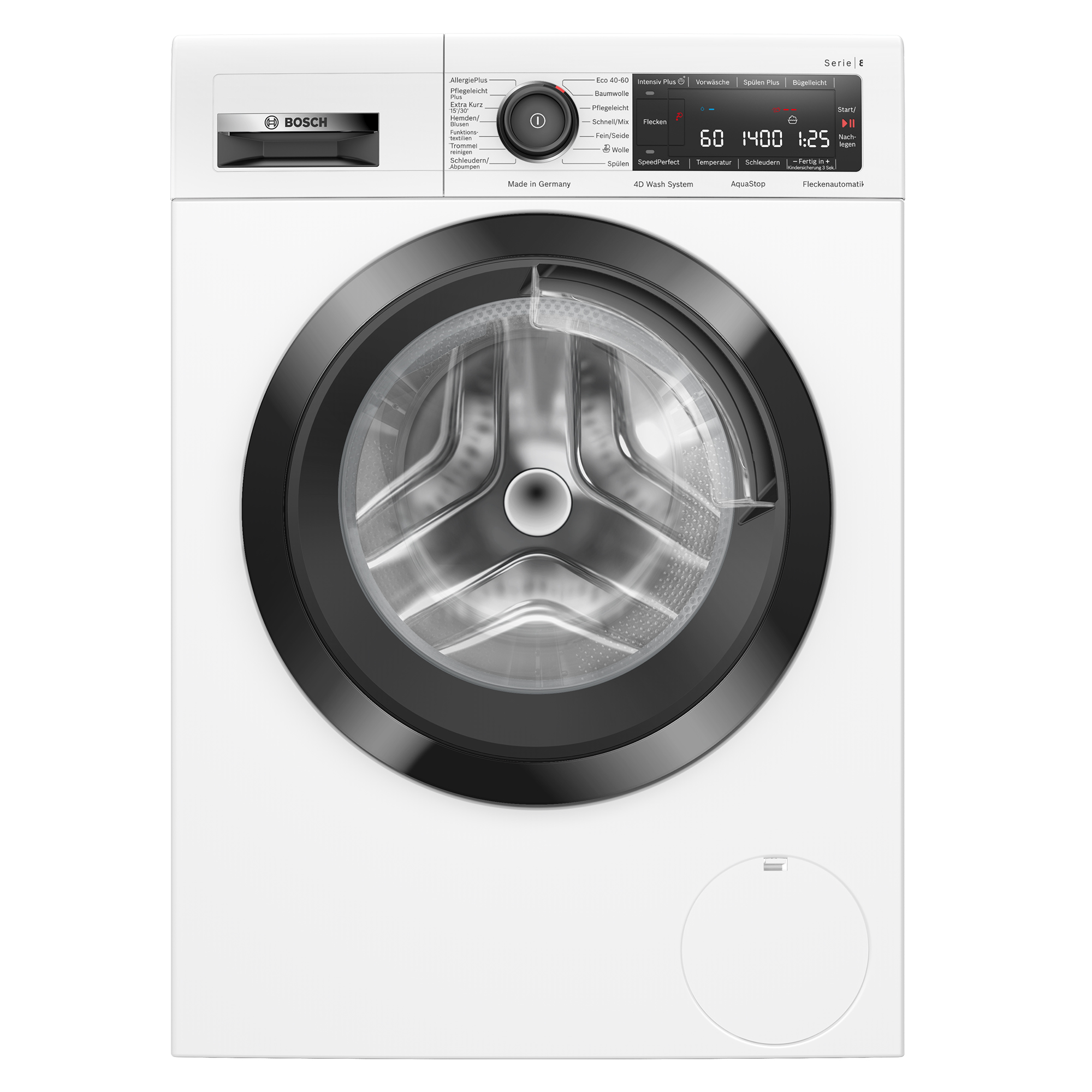 Eine weiße Bosch Waschmaschine mit schwarzer Tür und Bedienfeld.