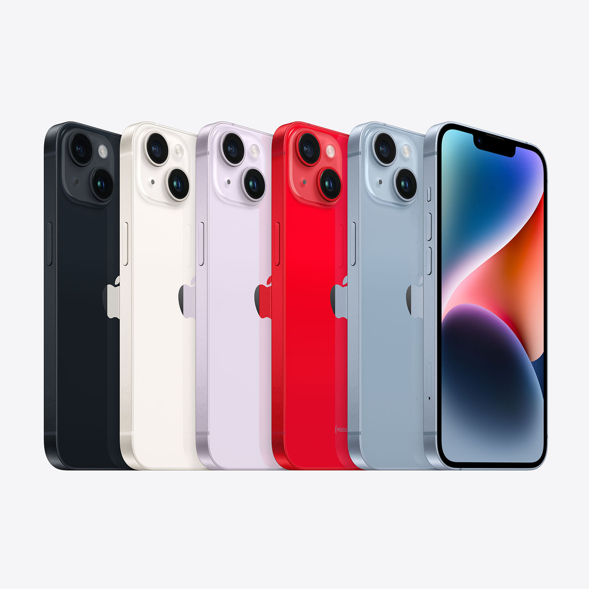 Sześć kolorowych iPhone'ów w rzędzie, różne kolory, nowoczesny design.