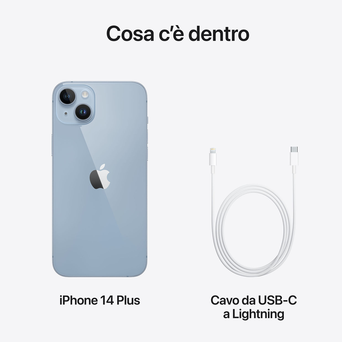 iPhone 14 Plus z kablem USB-C do Lightning. Telefon jest niebieski, kabel biały.