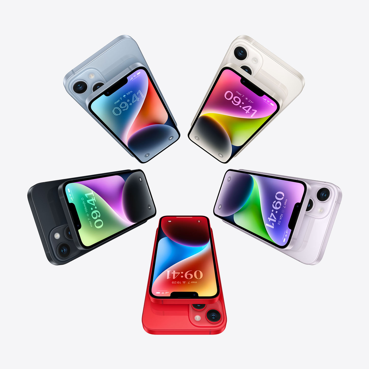 Pięć smartfonów w różnych kolorach ułożonych w okrąg. Każdy ma ekran z godziną.